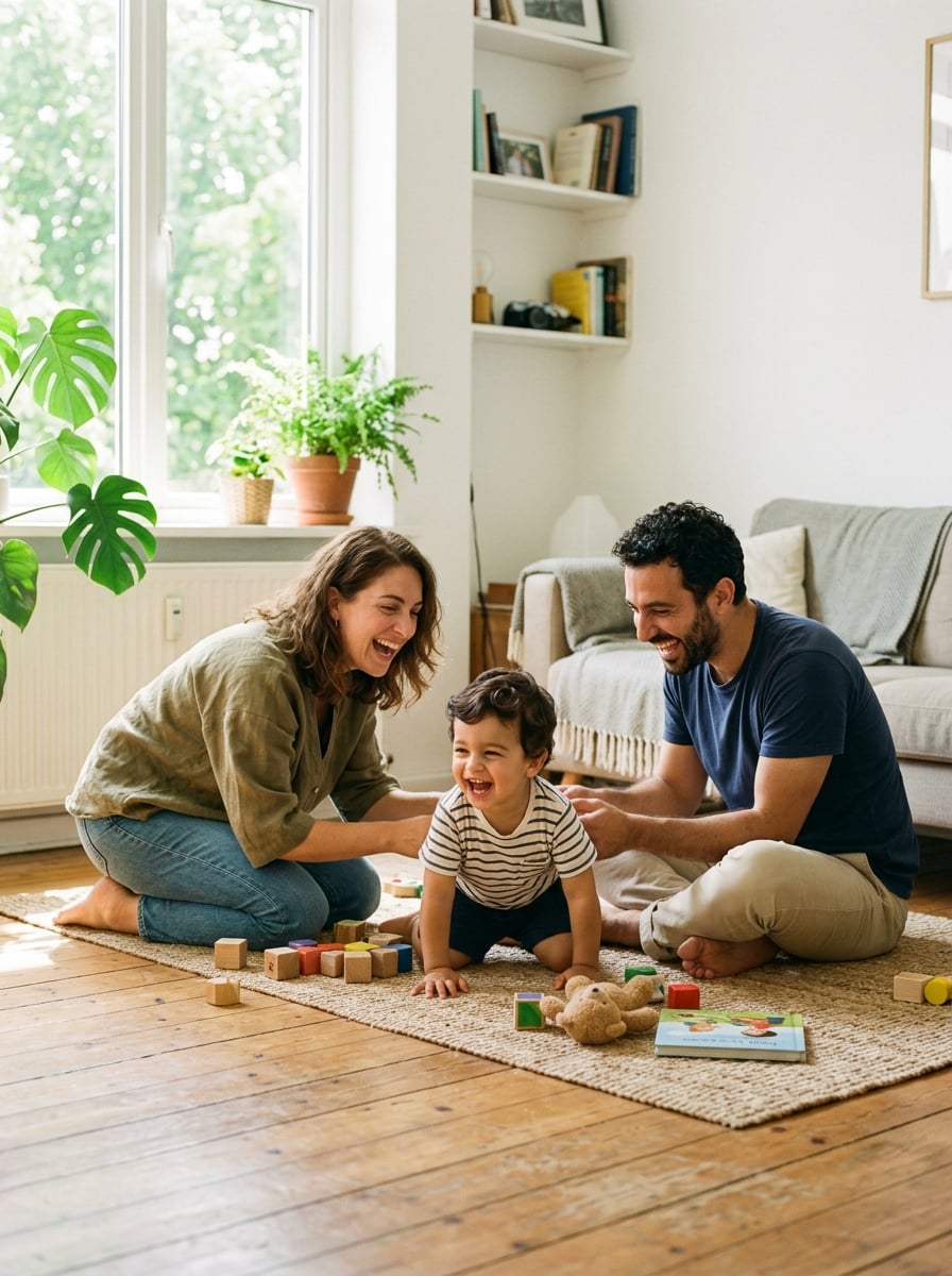 Padres jugando con su hijo pequeño en el salón, risas y conexión