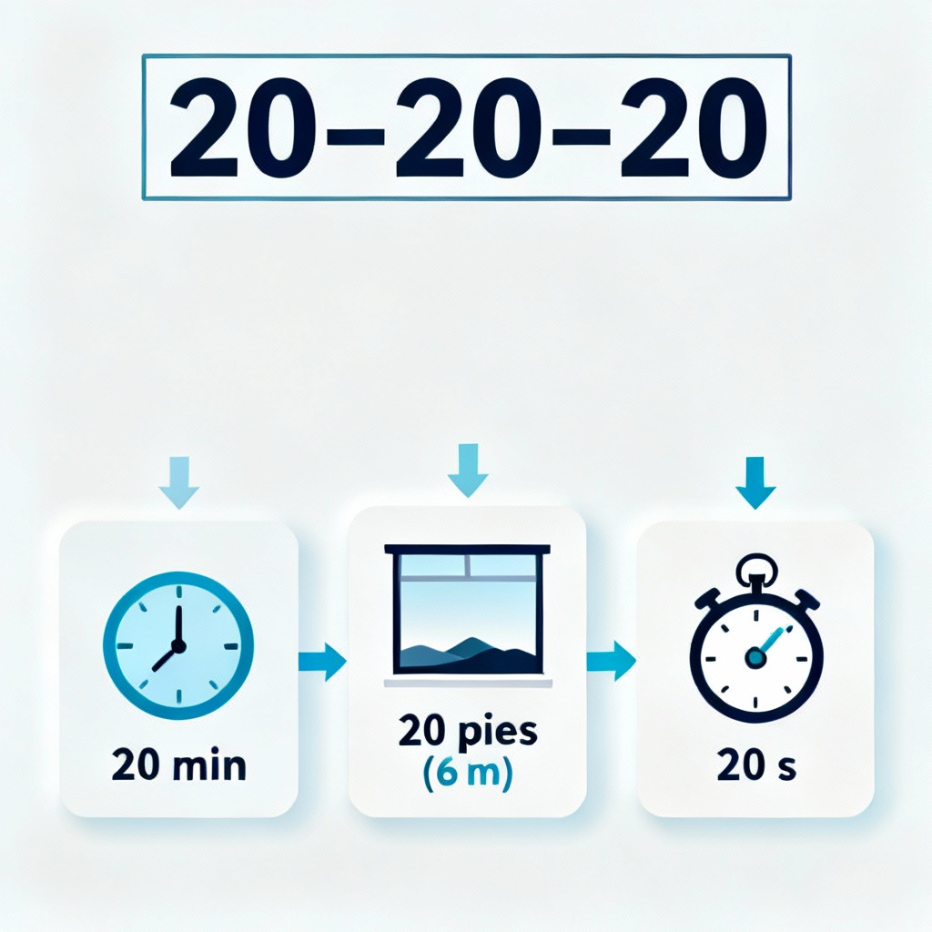 Infografía de la regla 20-20-20 para descansar la vista.
