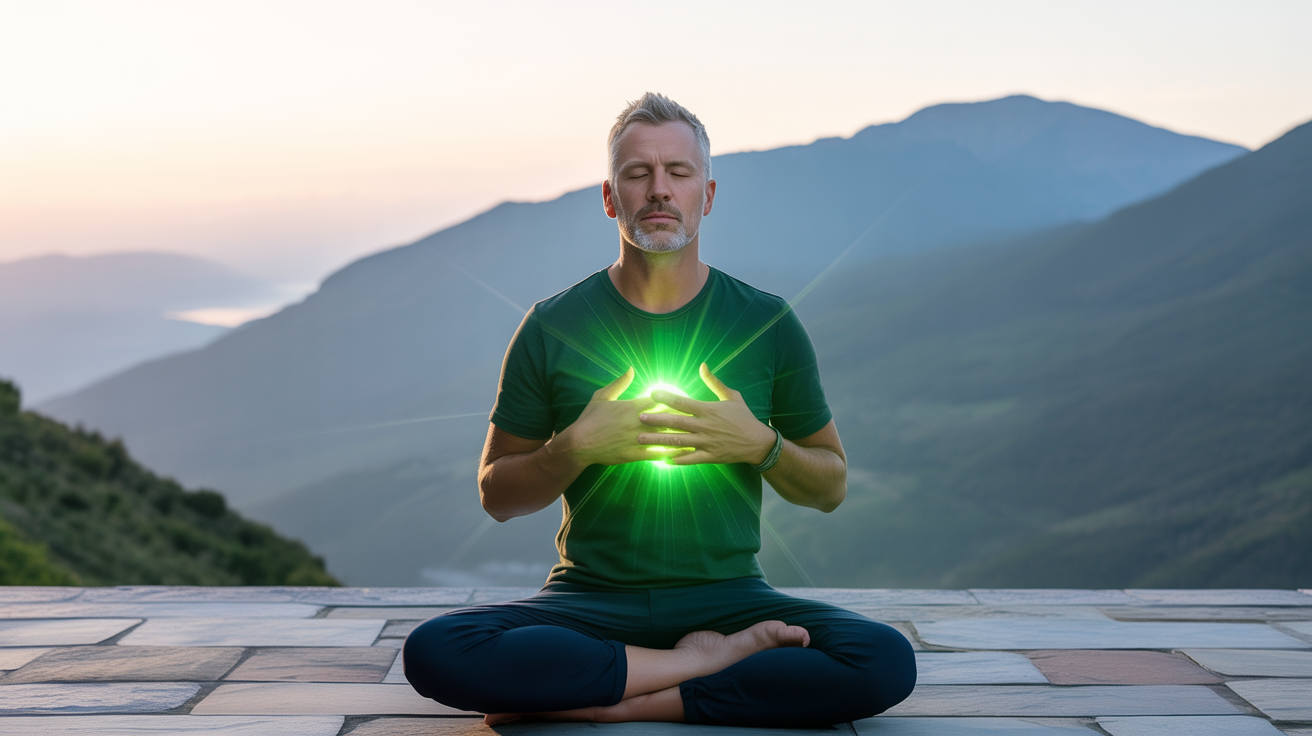 Muškarac u svojim kasnim 50-im sa kratkom sedom kosom i bradom sedi u lotos položaju na kamenoj terasi sa pogledom na planine, očiju zatvorenih, ruku položenih na grudi, dok svetlozelena svetlost srčane čakre zrači iz njegovih grudi ka spolja — meditacija za otvaranje srca i povratak životne sile. Stres i energija – muškarac u meditaciji sa fokusom na srčani centar i vraćanje mentalne jasnoće, smanjenje brain fog stanja