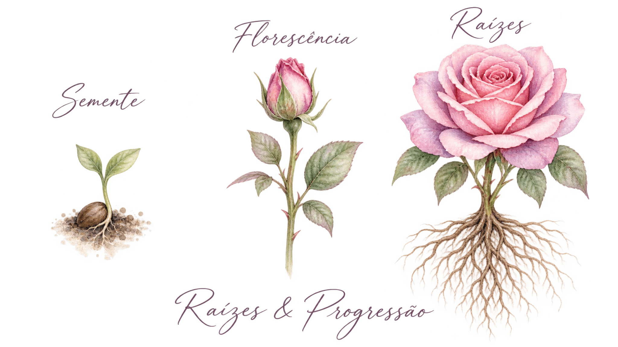 Ilustração aquarela: três estágios de florescimento — semente, botão e flor plena