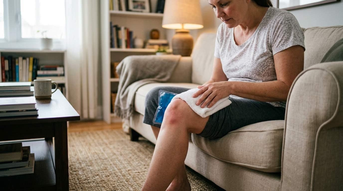 Photograph of a person seated on a couch pressing an ice pack against a visibly swollen knee during a flare-up