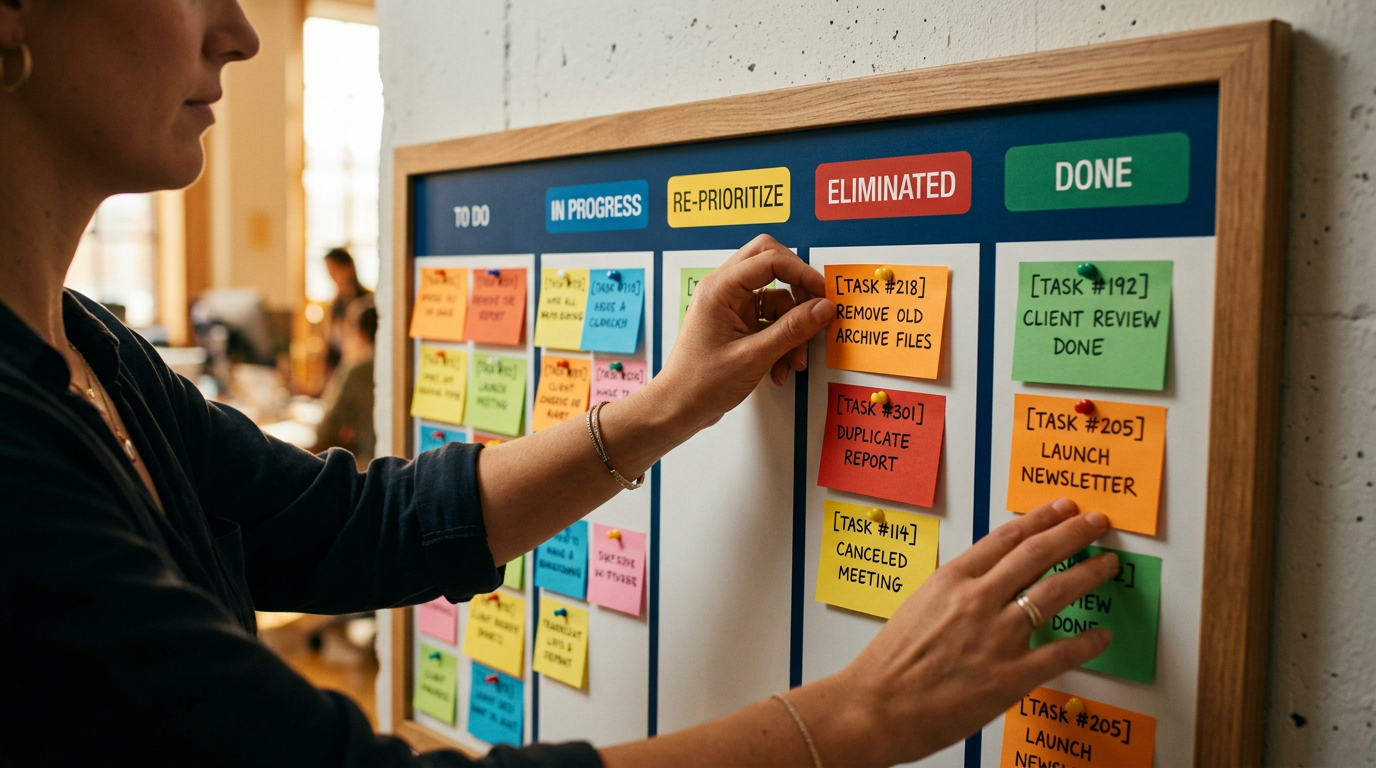 Mãos organizando cartões de tarefas em quadro kanban de priorização