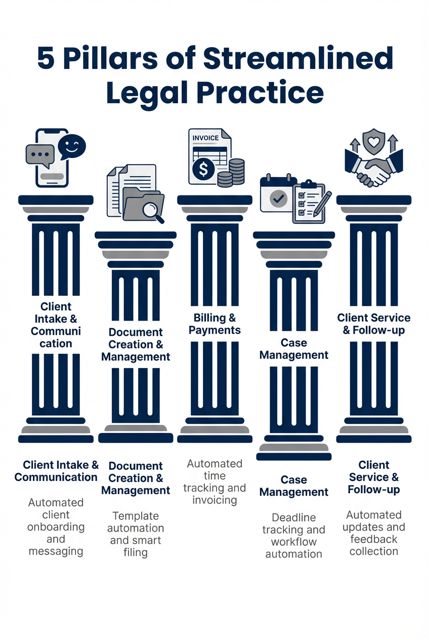 The 5 pillars of streamlined legal practice: client intake, document management, billing, case management, and client service