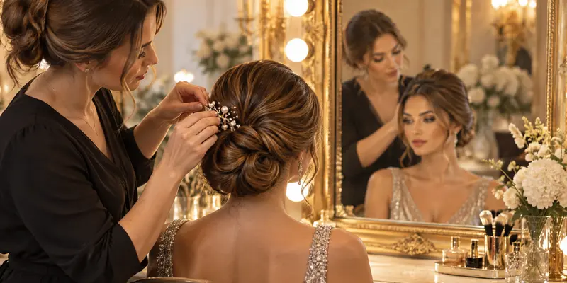 Penteado elaborado para festa sendo feito em salão de Sorocaba