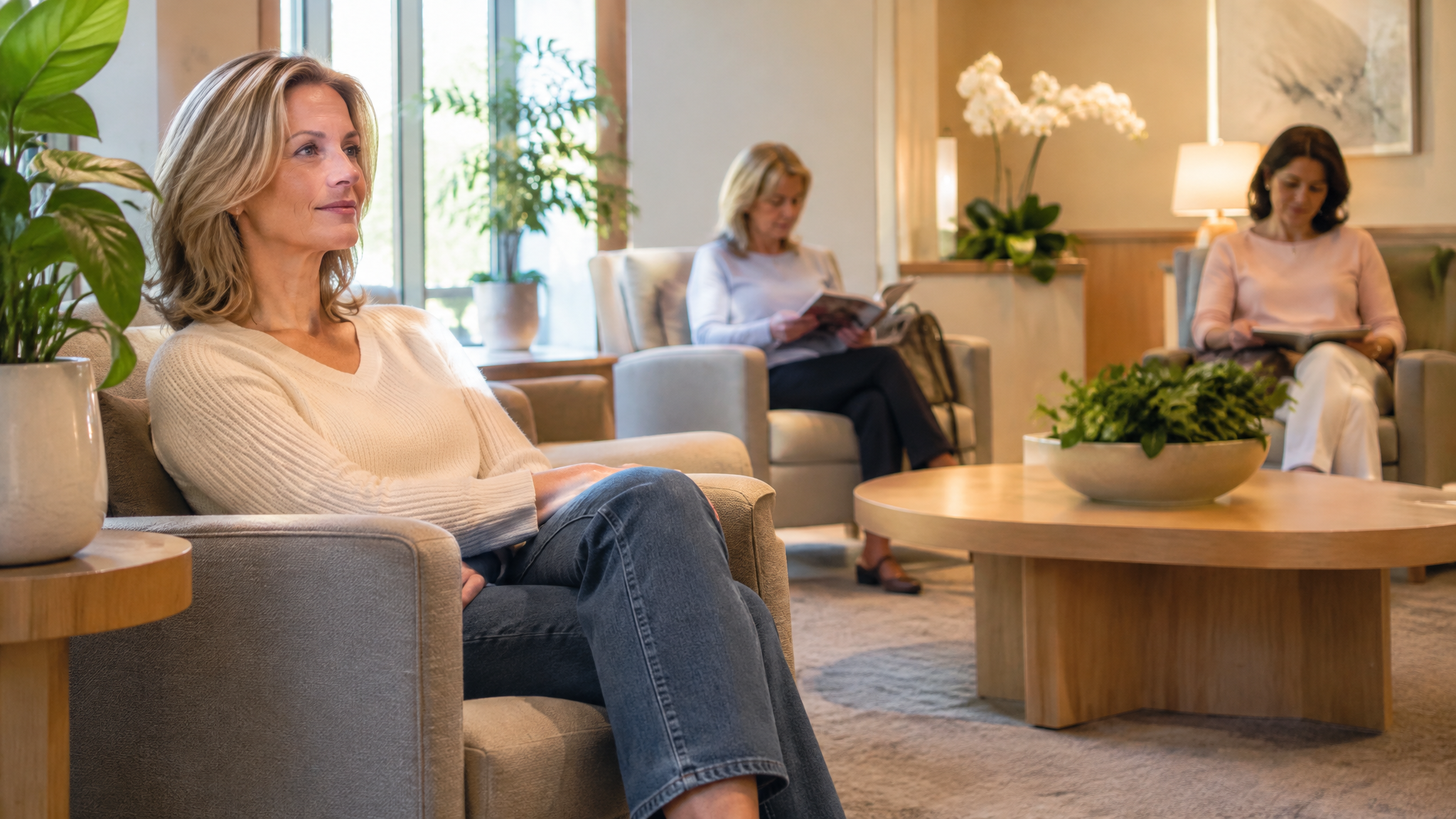 A woman veteran sitting calmly in a quiet women's clinic waiting area with plants