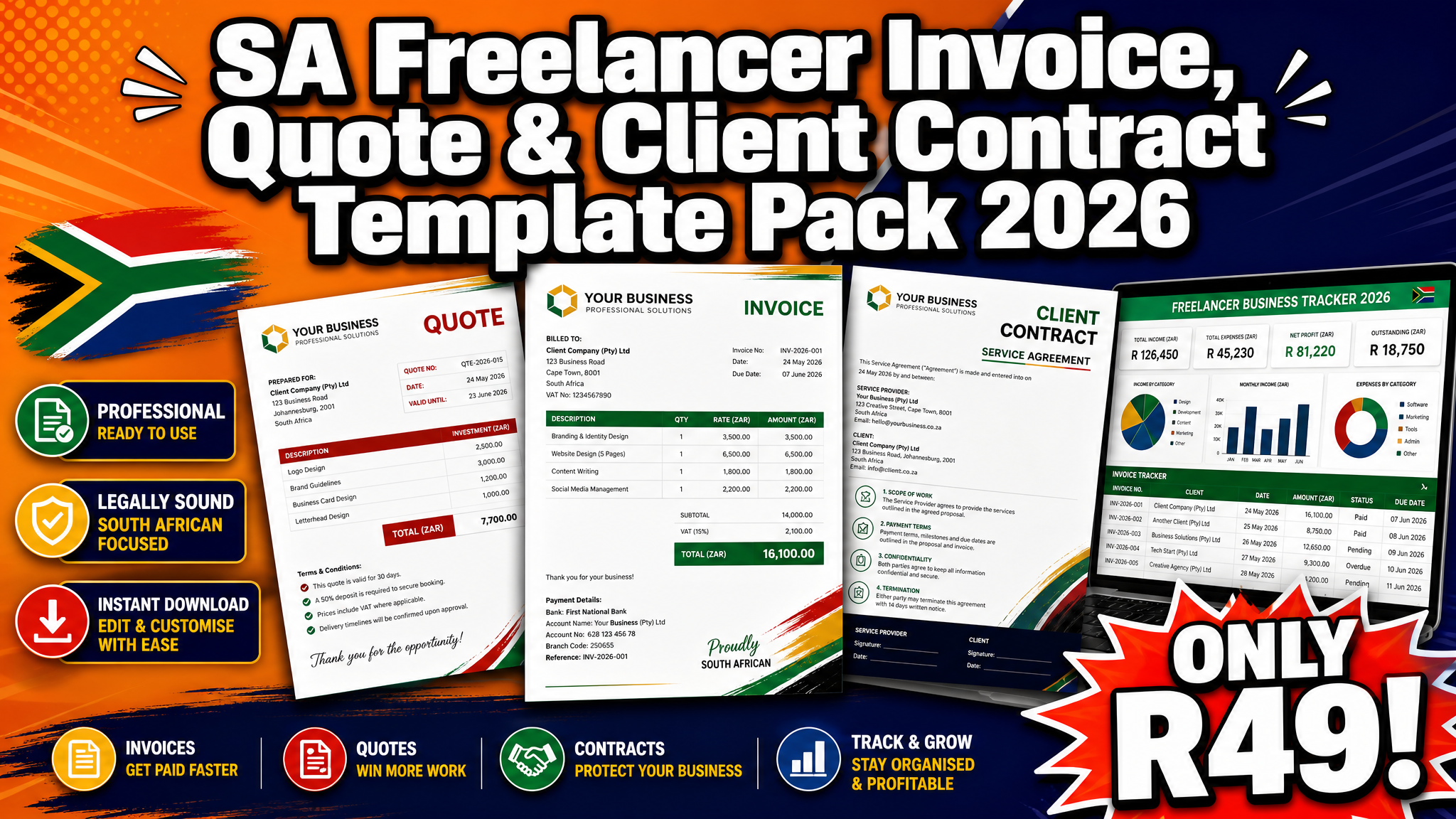 SA Freelancer Invoice, Quote & Client Contract Template Pack 2026