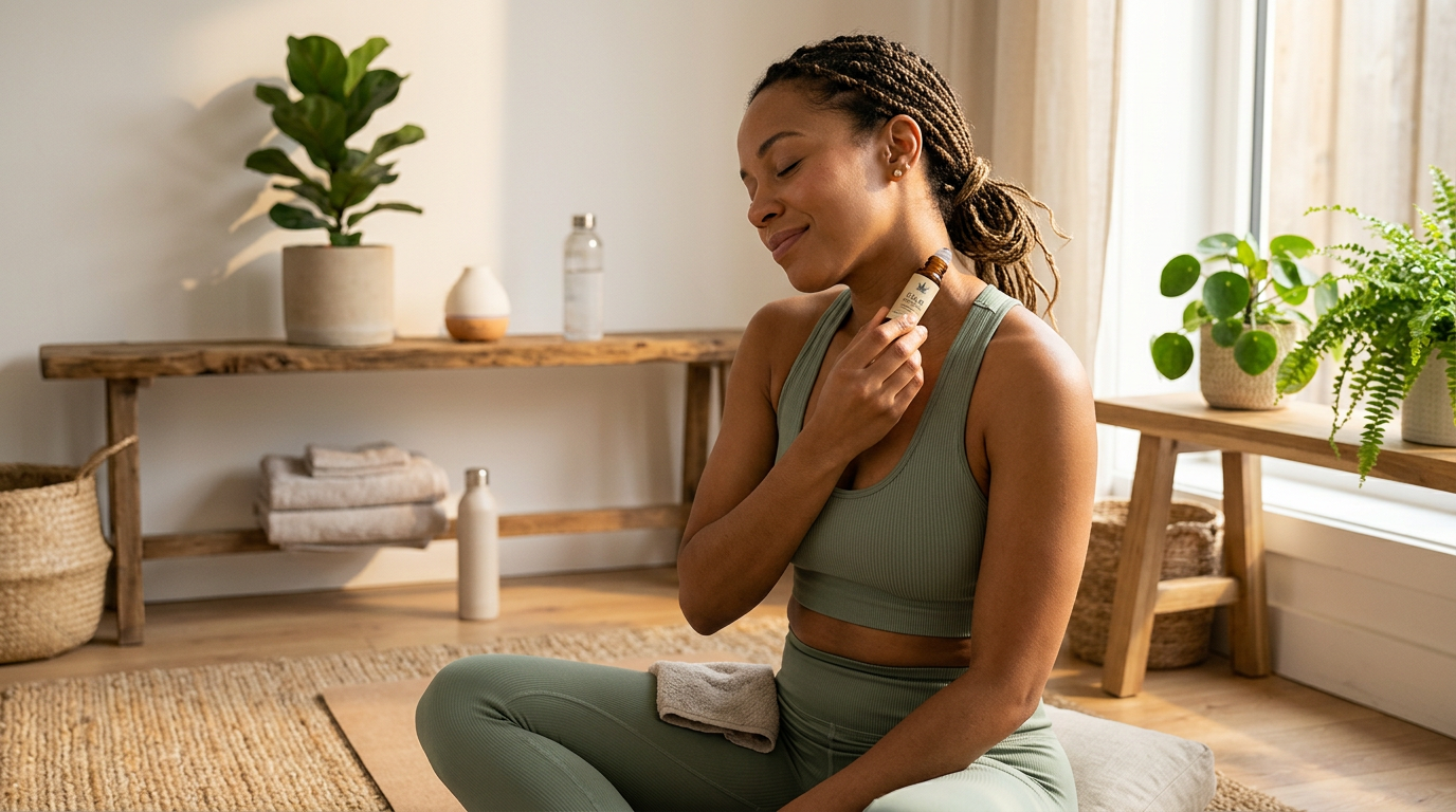 Person applying CBD roller to neck and shoulder for muscle recovery
