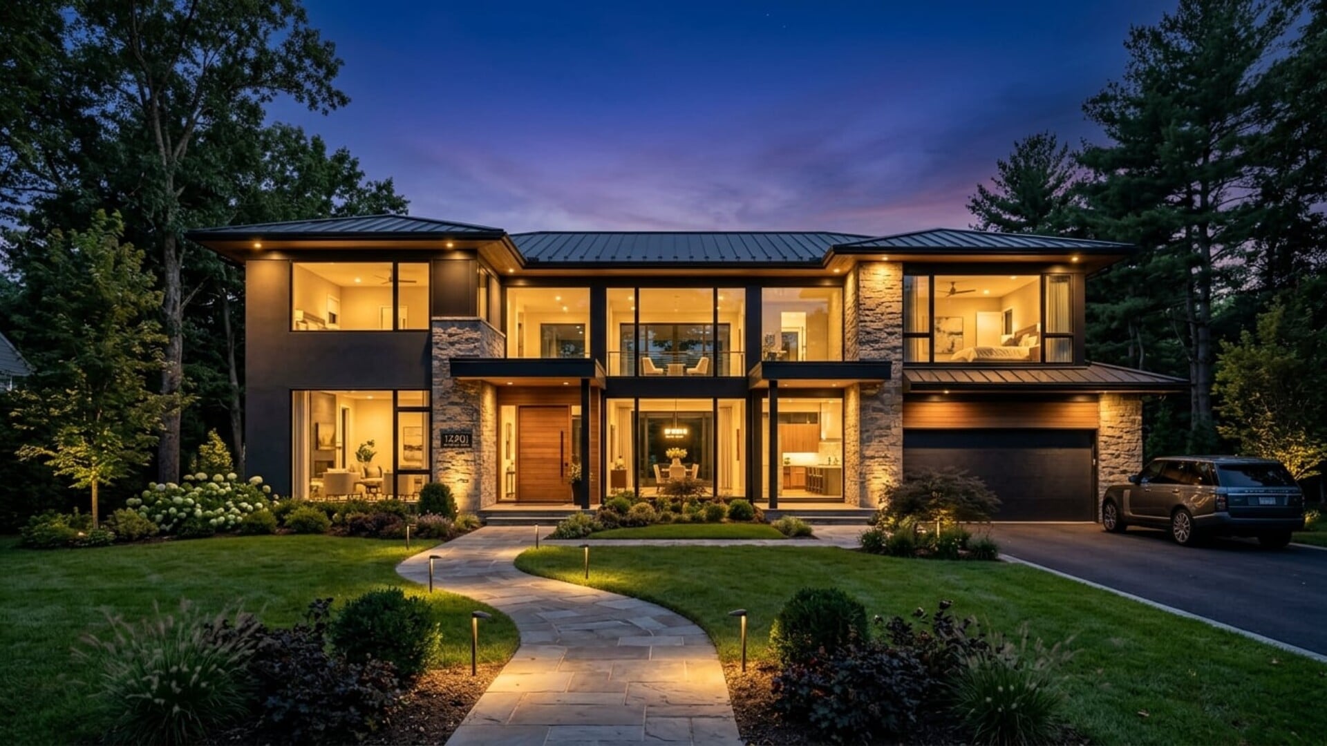 Luxury home at twilight with warm interior lighting