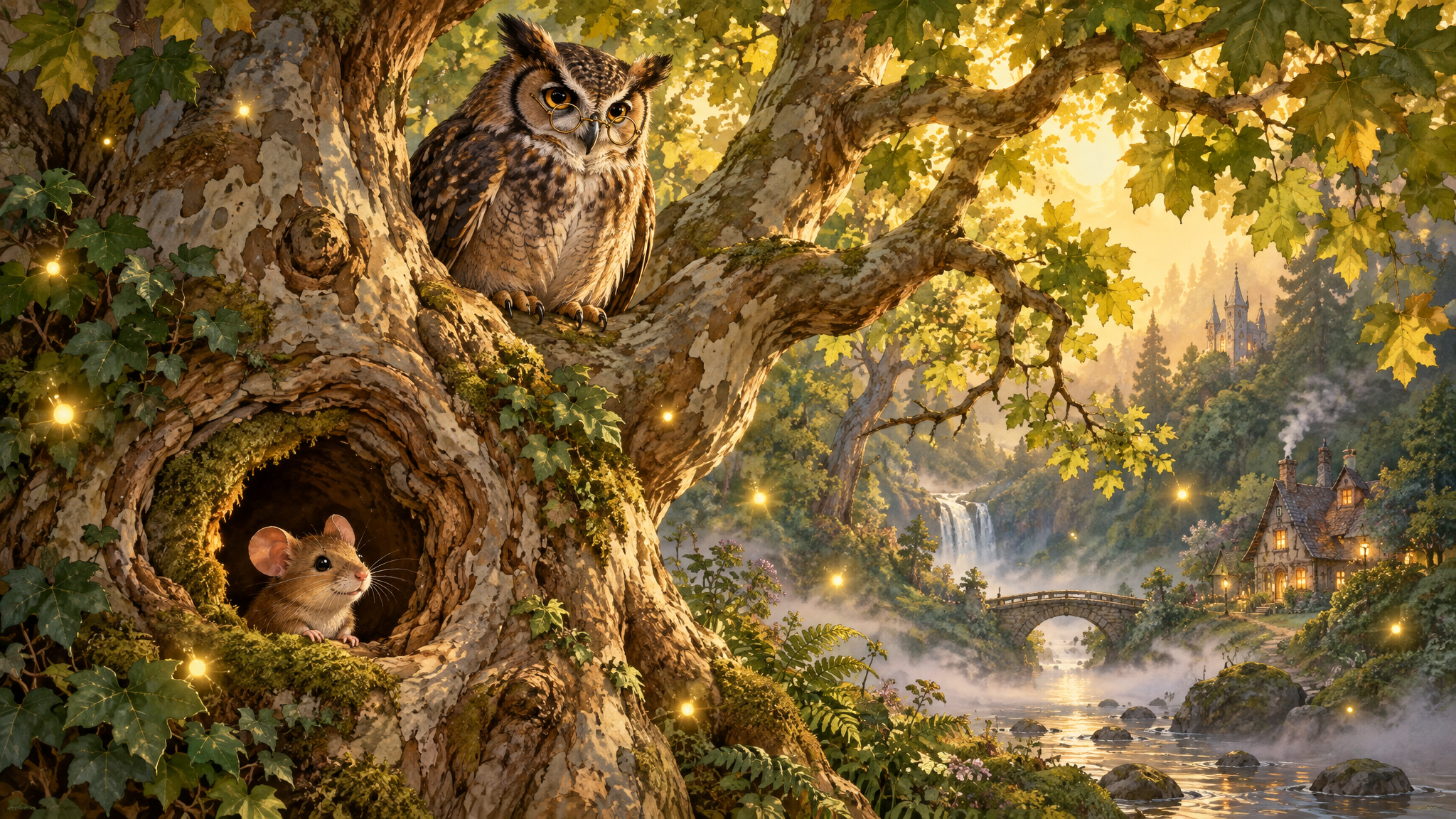 The Mystik Forest — a warm, enchanted woodland with golden light filtering through ancient trees