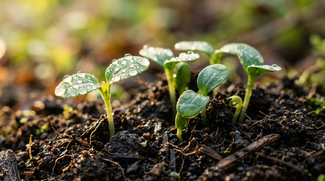 Seeds sprouting from rich soil with morning dew