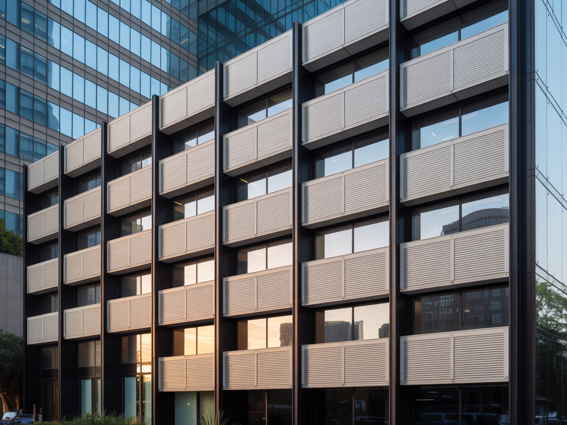 Commercial building with synchronised roller shutters