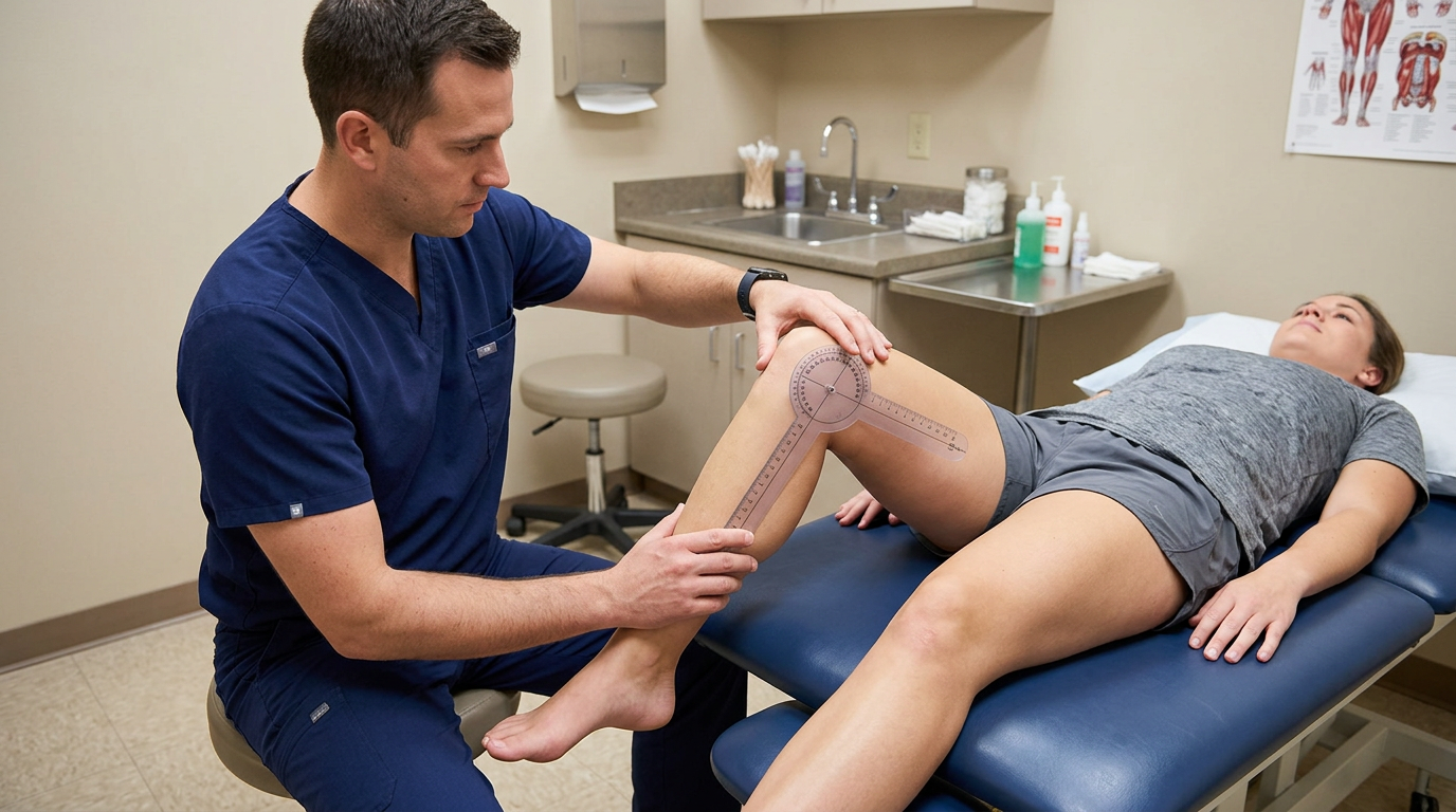 Clinician using a goniometer to measure knee range of motion on a patient lying on an exam table