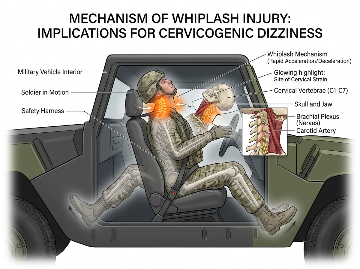 Anatomical illustration of a soldier inside a military vehicle during a jolt, cervical spine glowing at the whiplash point