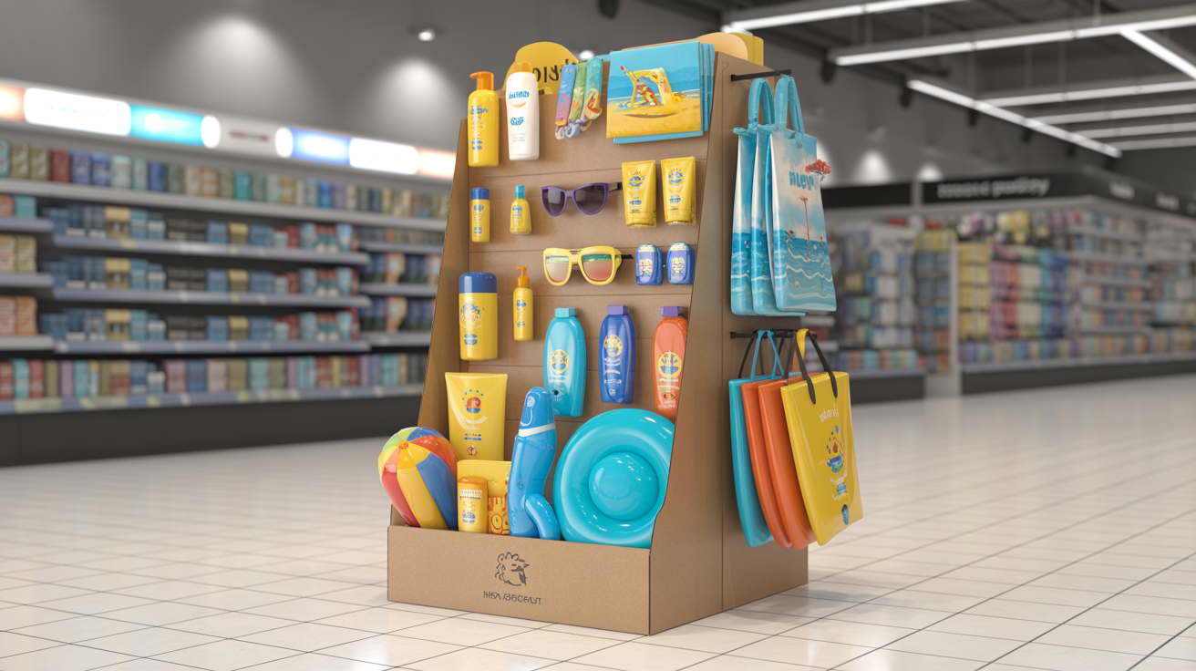 Display de verano con productos de playa y piscina