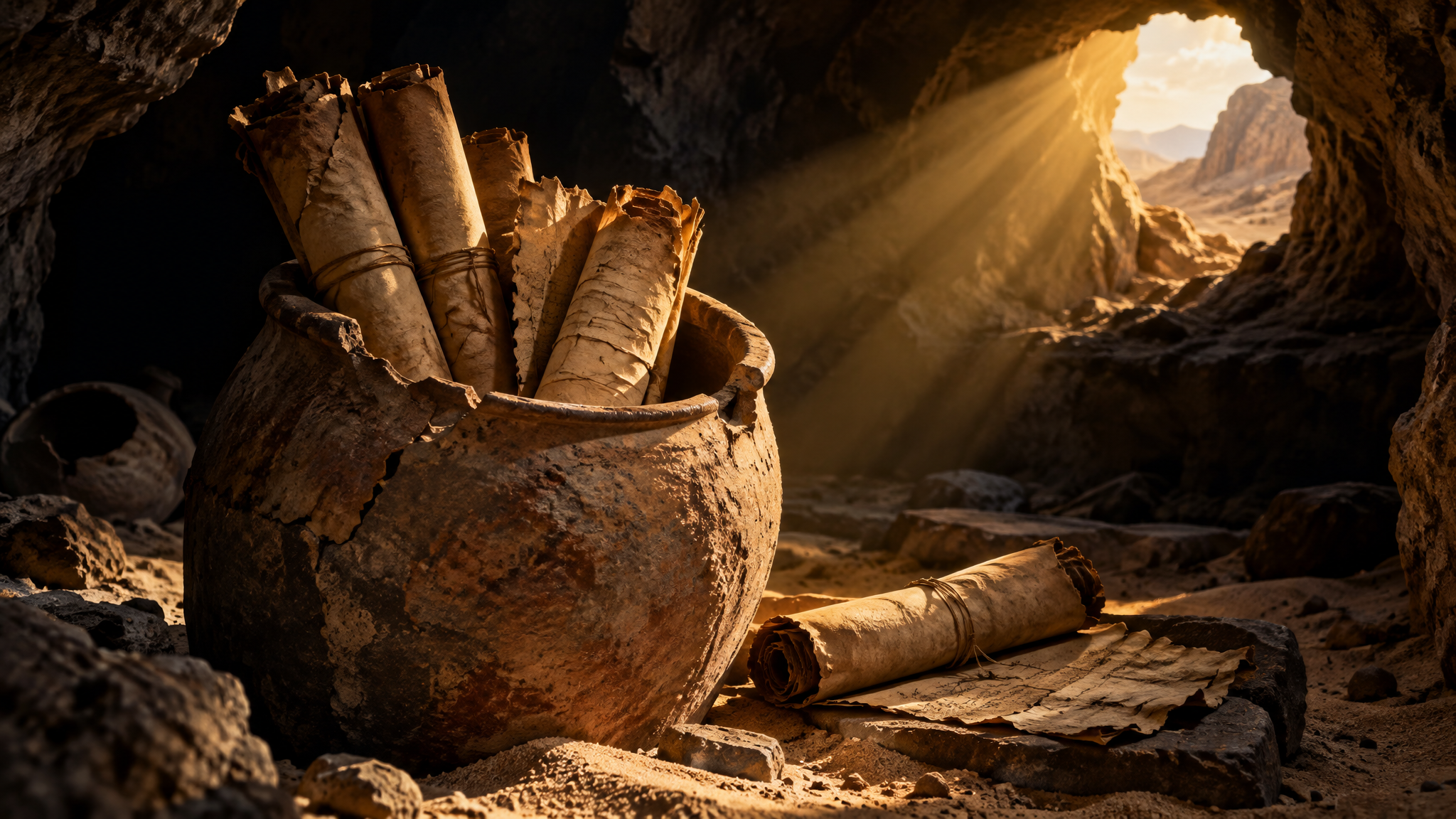 Ancient papyrus codices in a clay jar in a desert cave, lit by a single shaft of light