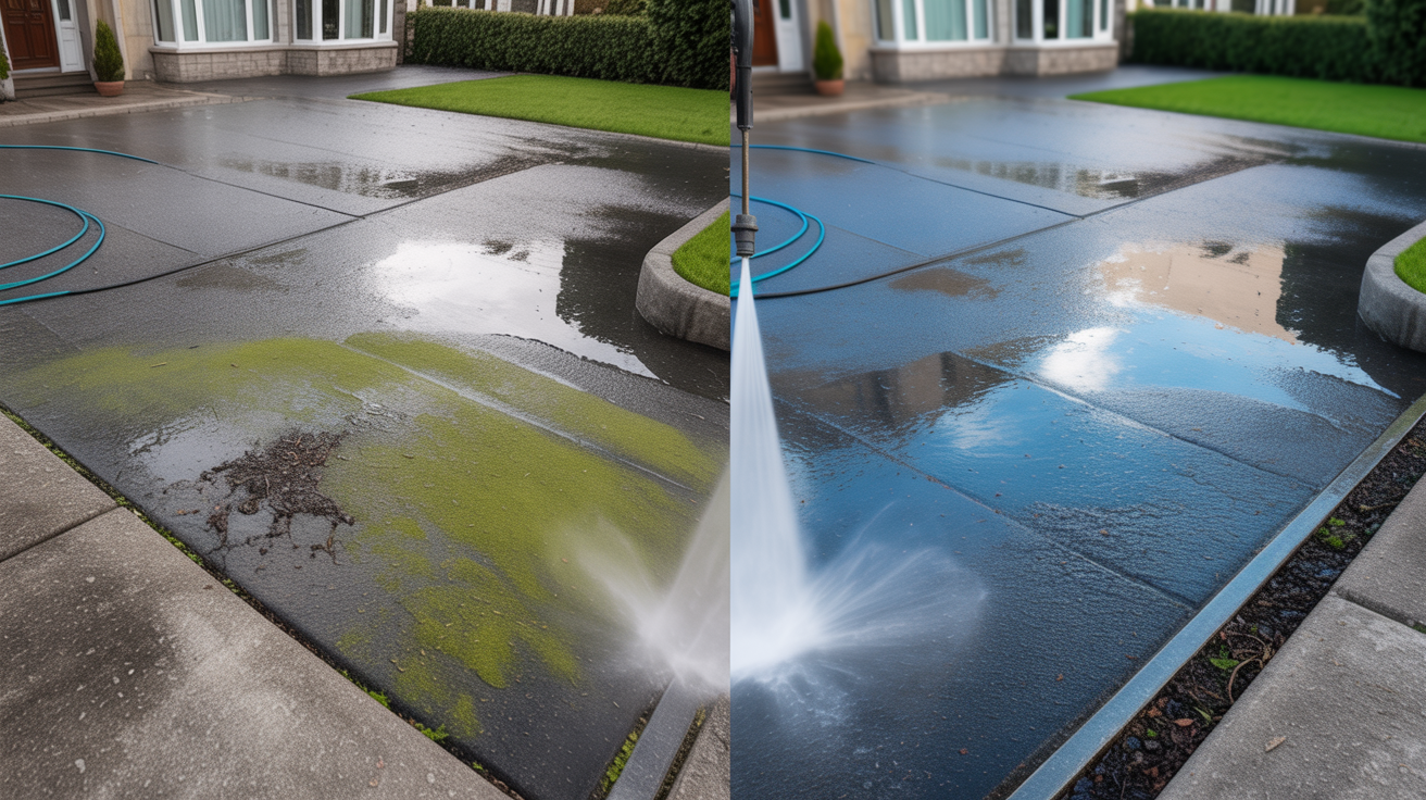 Before and after comparison of professional driveway pressure washing - dirty mossy surface transformed to clean restored driveway