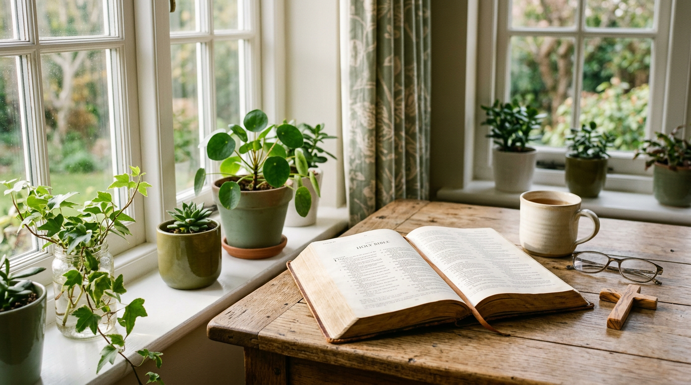 Open Bible on wooden table with natural morning light