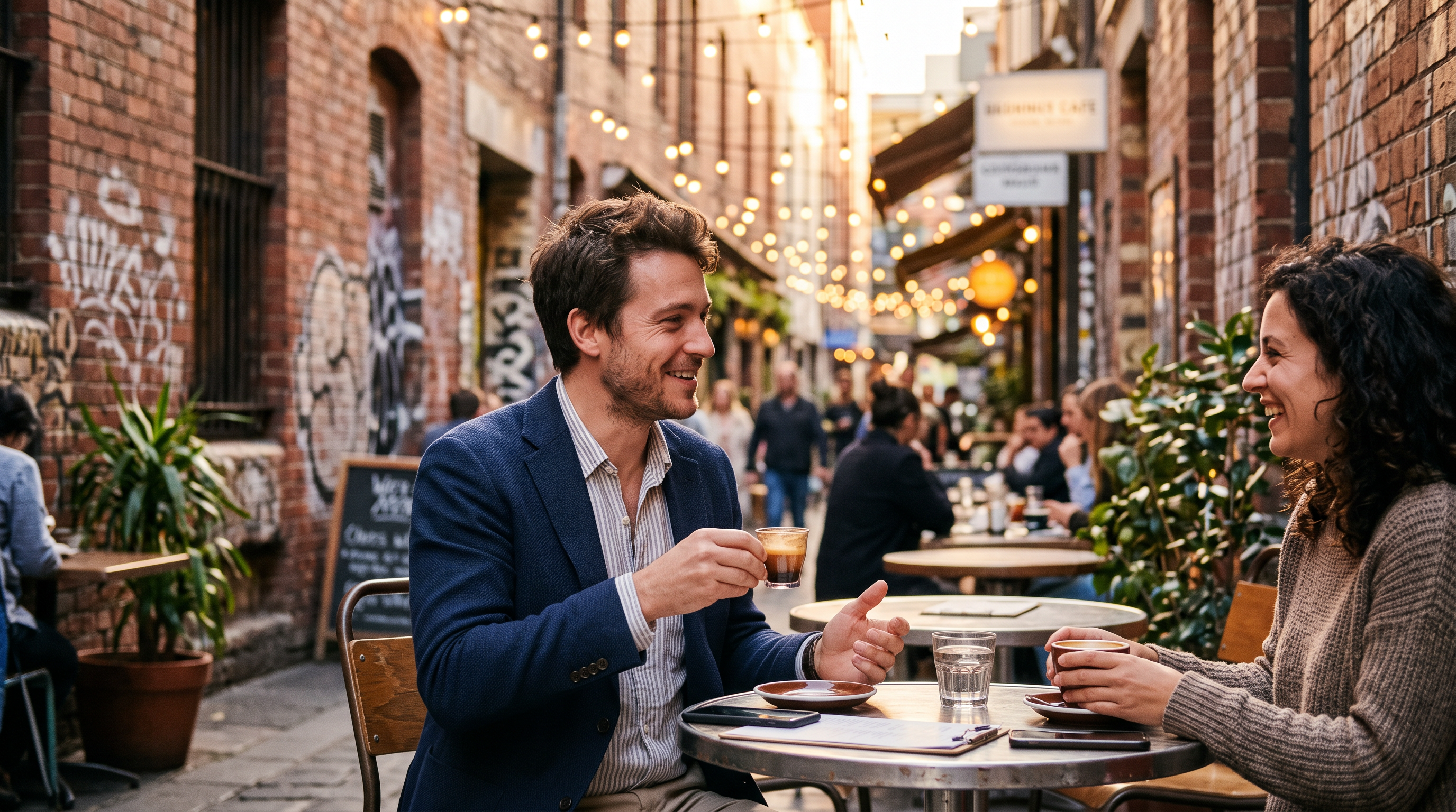 A French professional man in conversation at a Melbourne laneway cafe