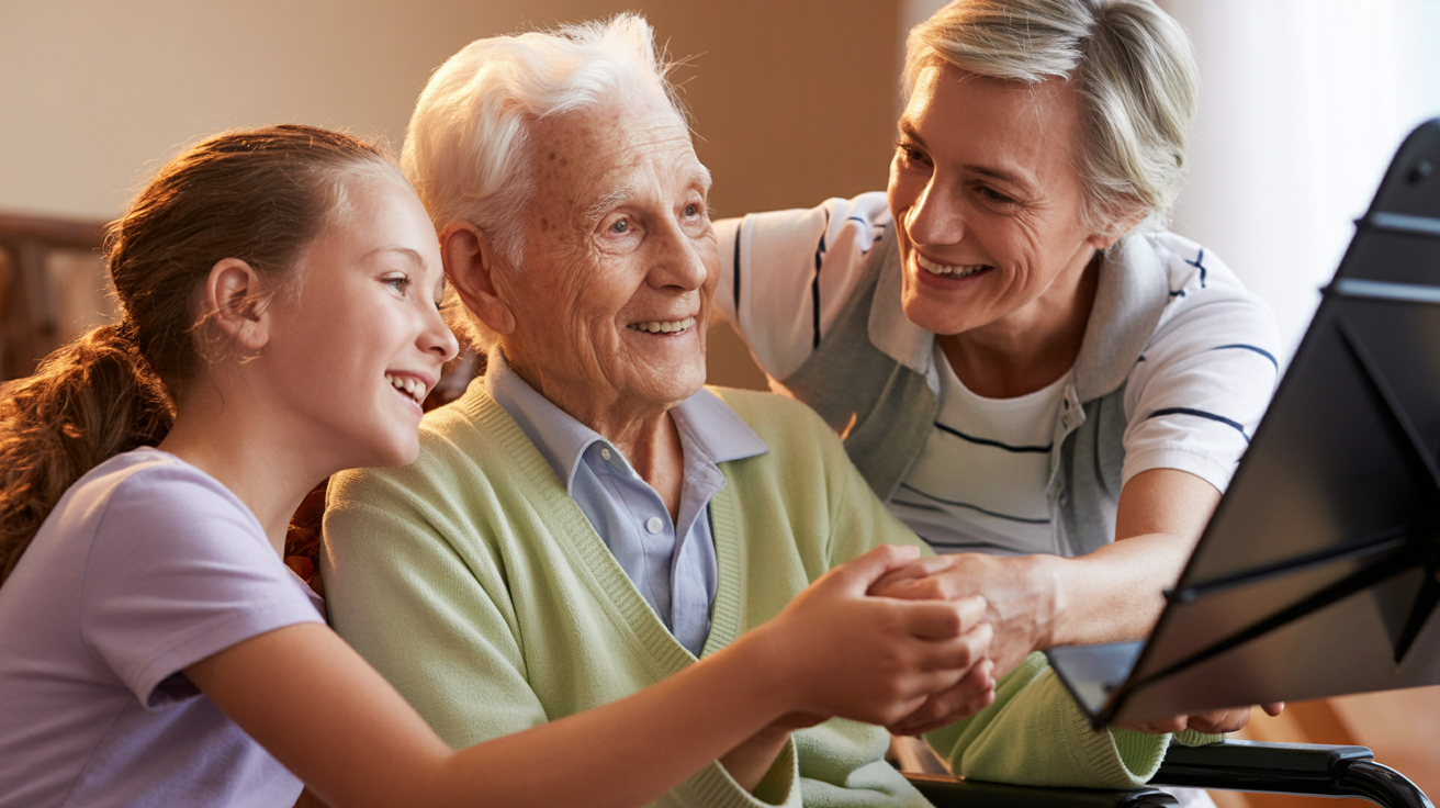 Multi-generational moment enjoying music together