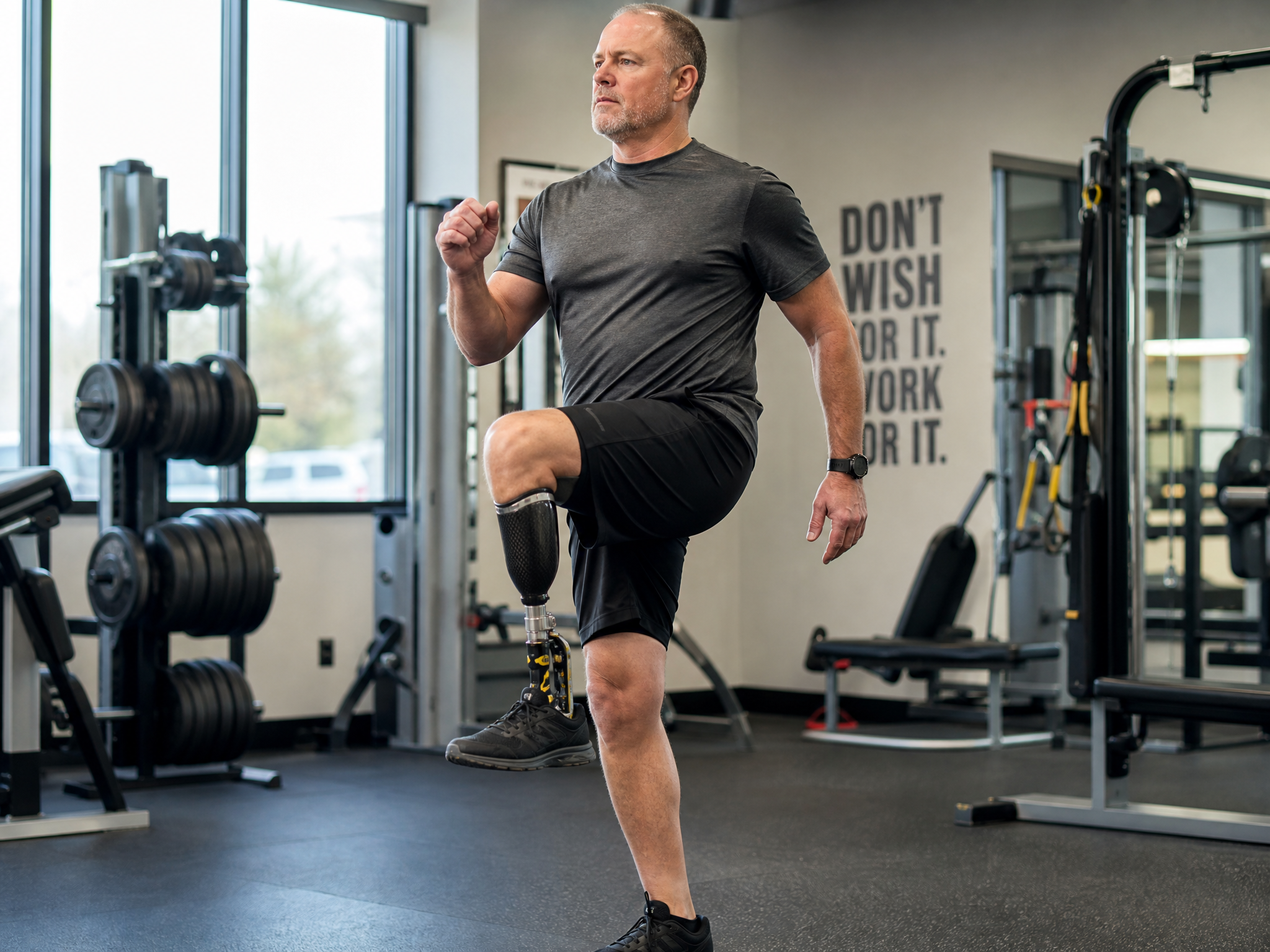 A Gulf War veteran with a prosthetic leg exercising at the gym