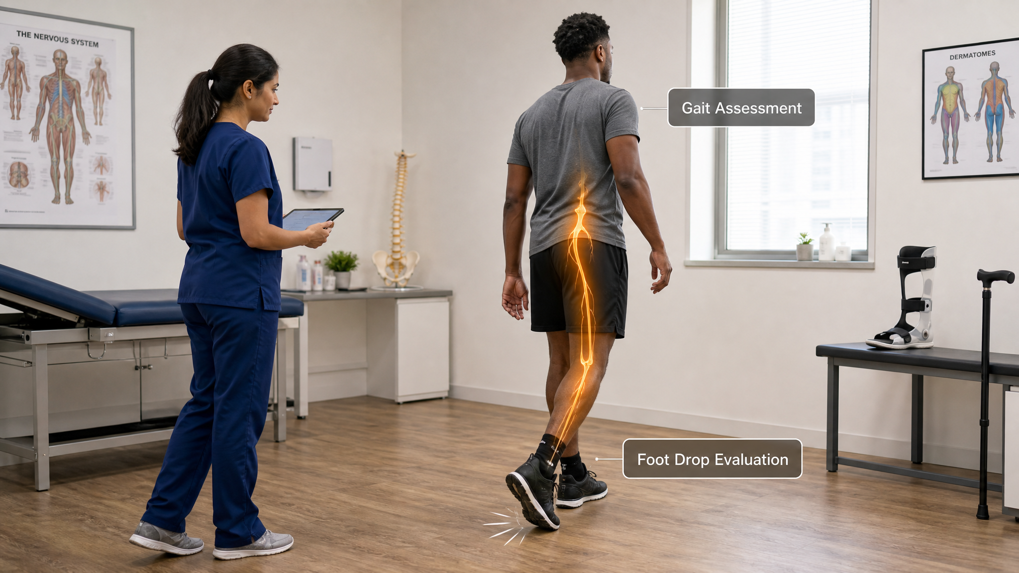 Clinician observing a Black man's gait, heel walk and toe walk, visible foot drop on one side with a cane or ankle-foot-orthosis brace
