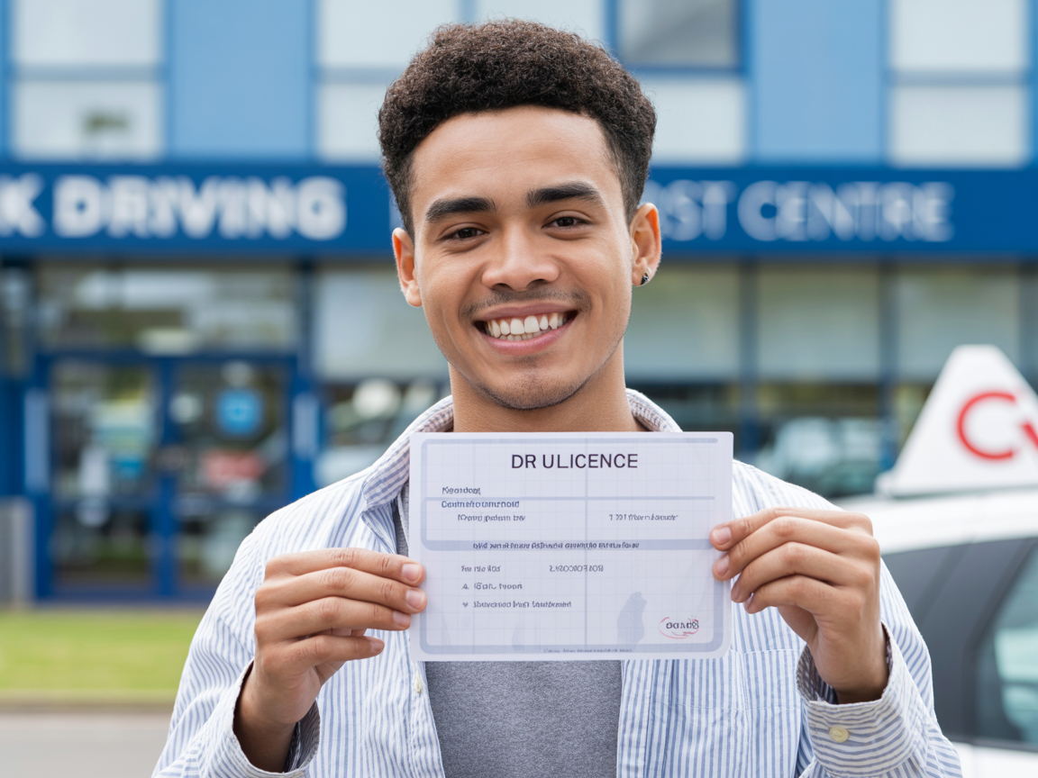 Student proudly holding driving licence after passing test