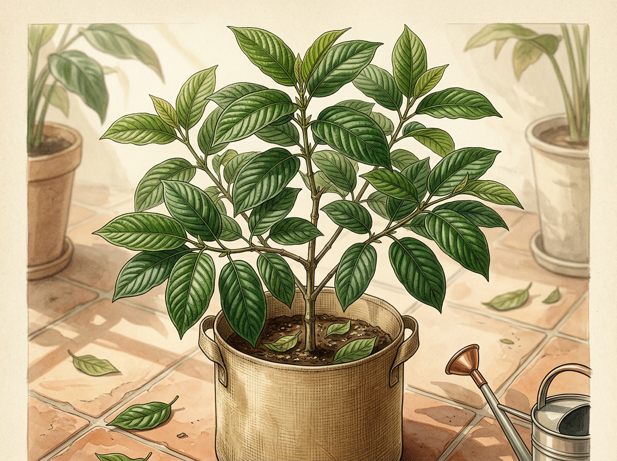 Illustration of a young kratom tree about three feet tall in a fabric grow pot