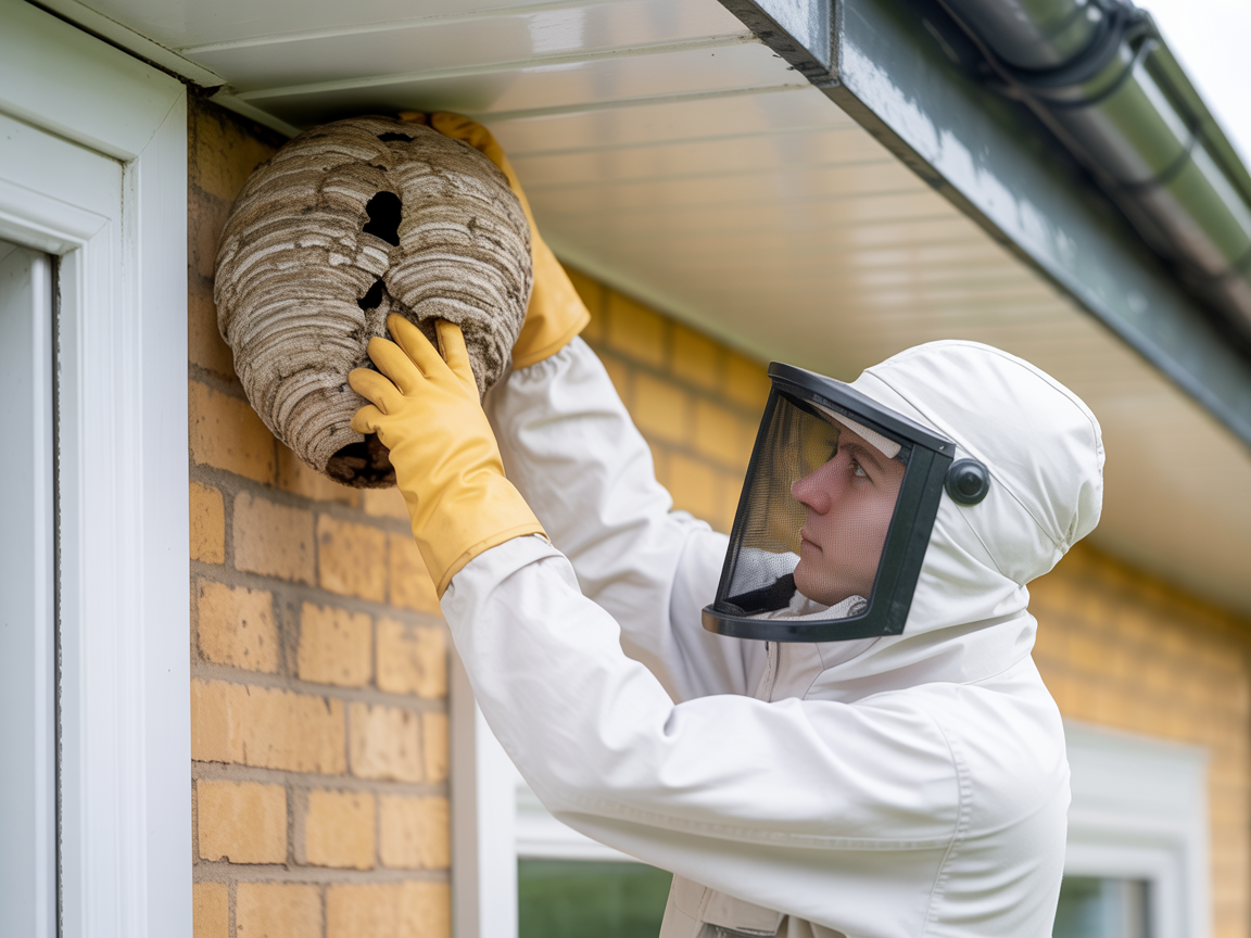 Professional wasp nest removal in protective gear