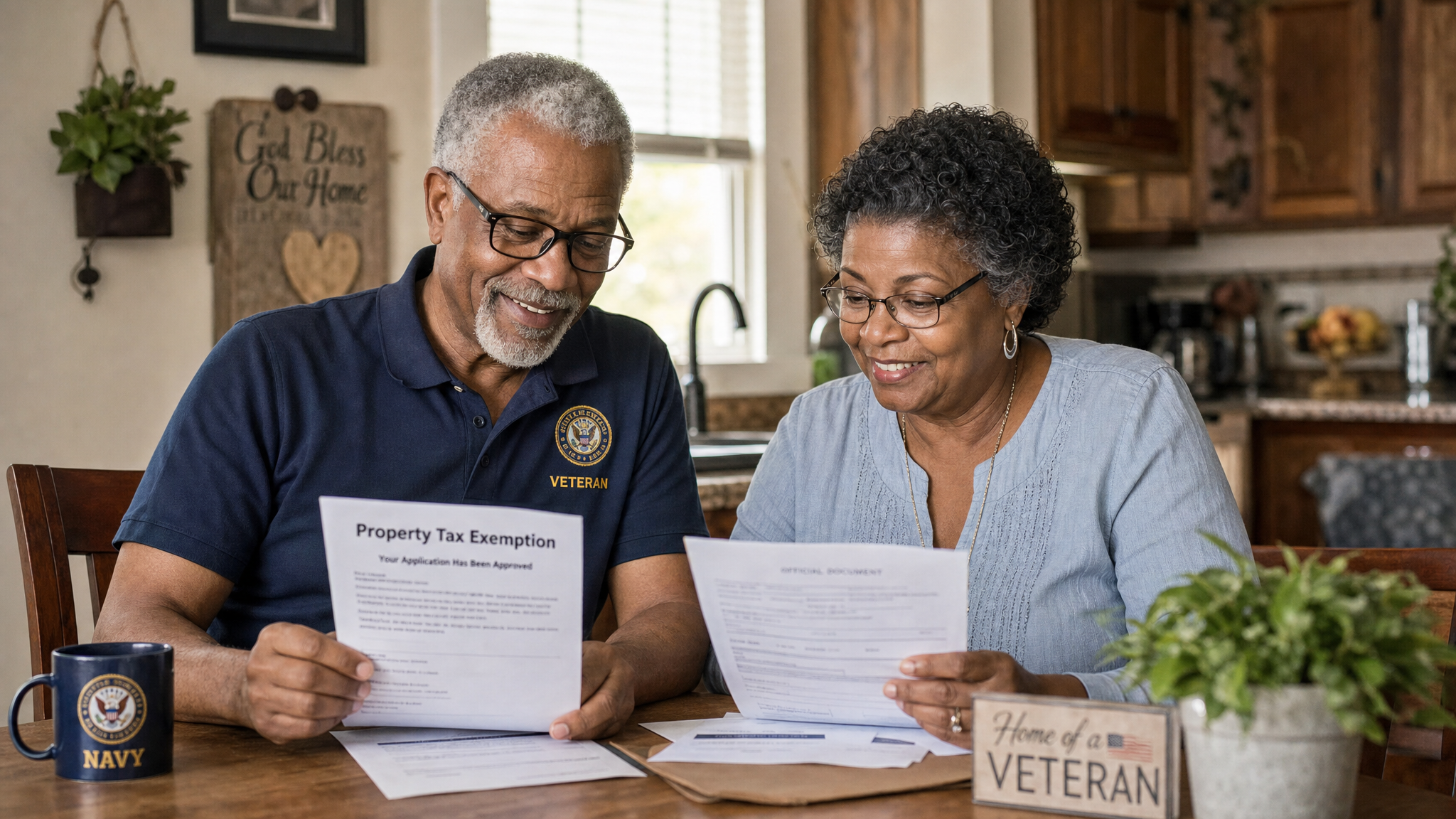 A Black veteran couple standing proudly in front of their home after receiving a state property-tax exemption
