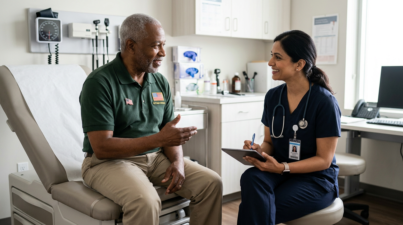 An older military veteran talking with a VA examiner in a clinical exam room during a Compensation and Pension evaluation