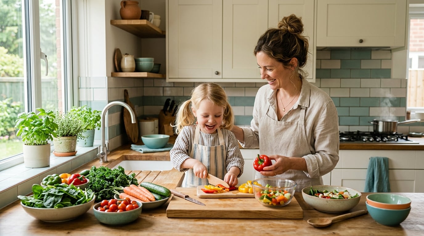 A parent and child preparing healthy food together, representing a family-friendly recovery plan