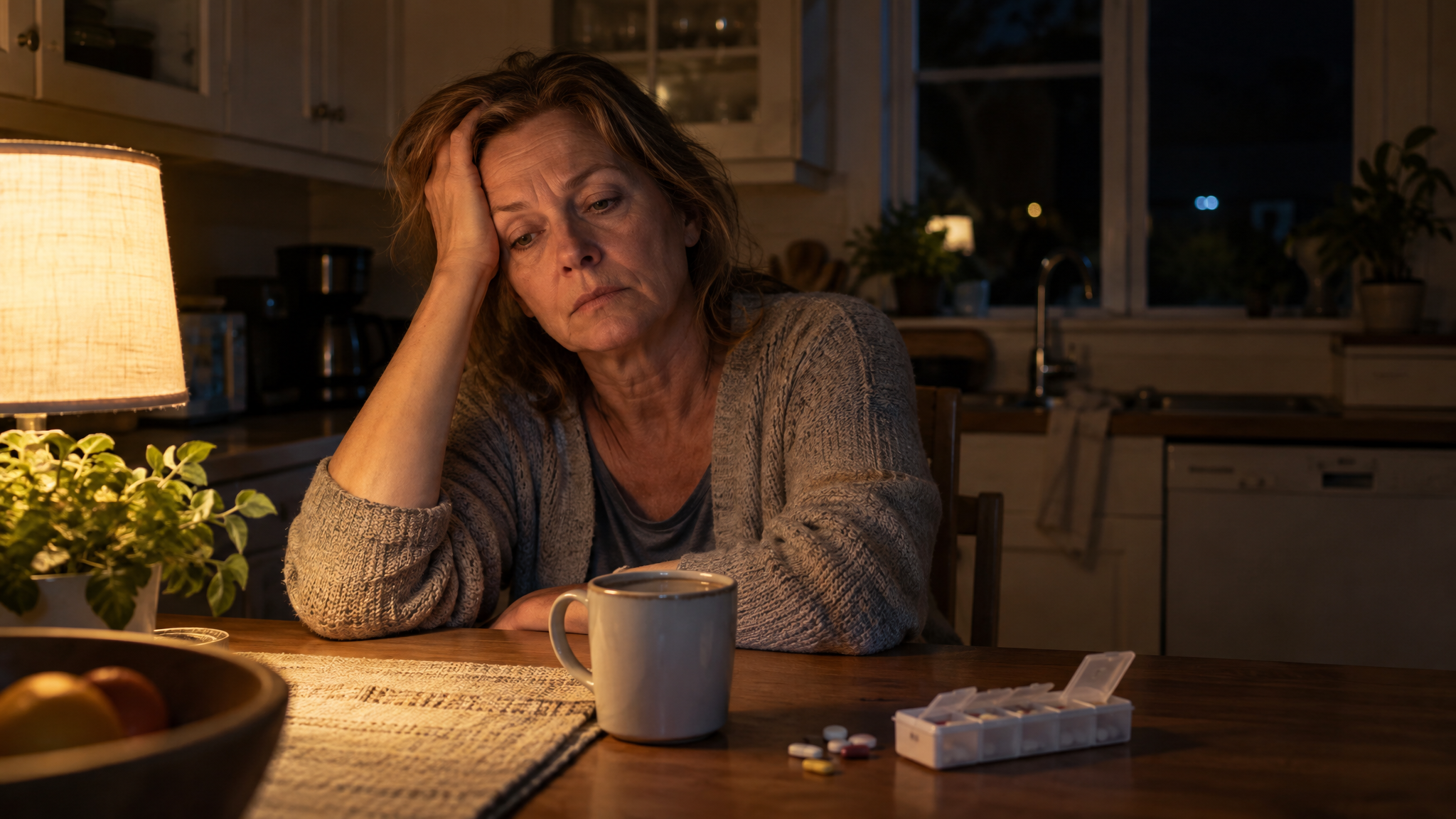 An exhausted caregiver sitting alone at her kitchen table late at night