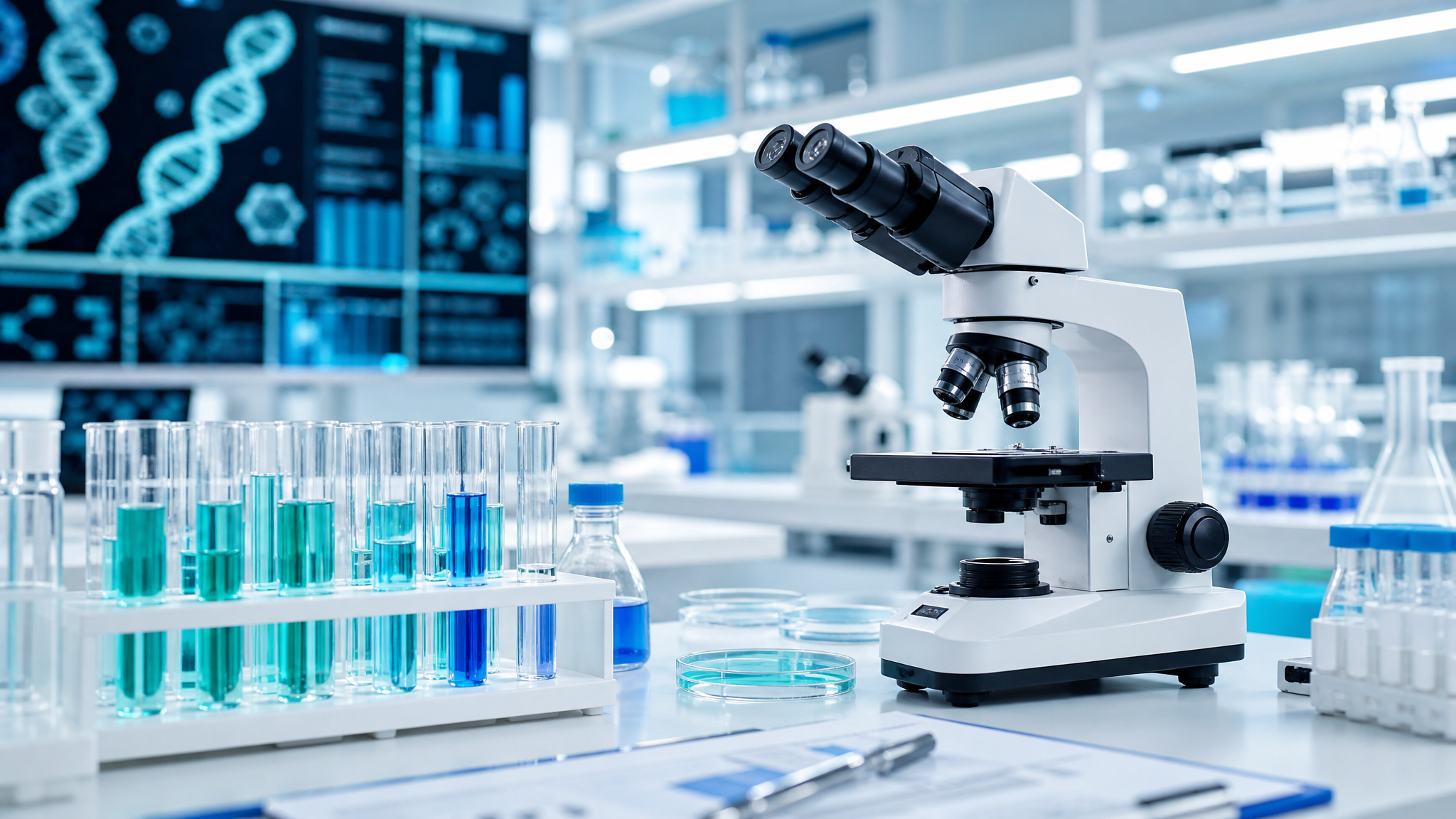 Medical laboratory with scientific equipment and test tubes