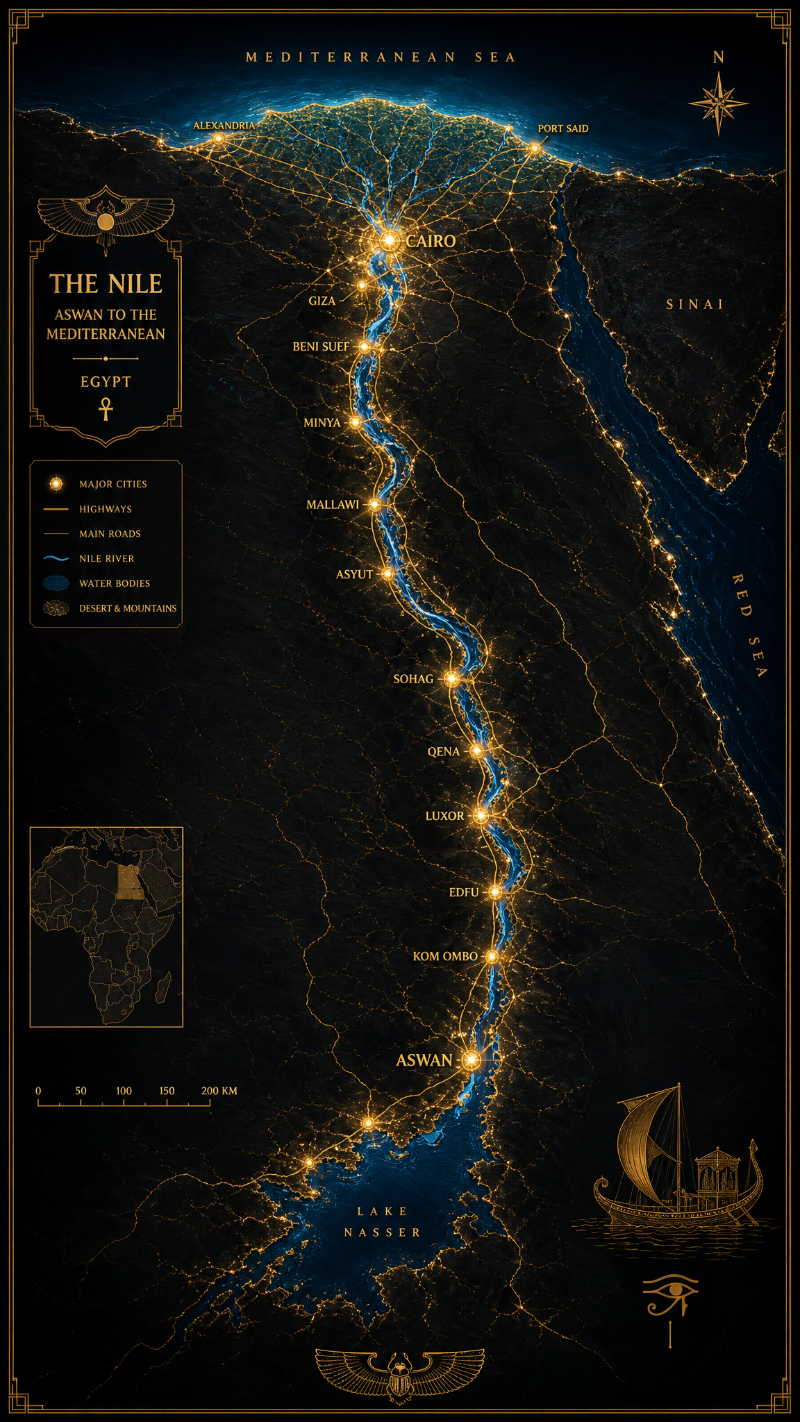 Stylised cartographic map of the entire Nile corridor showing major cities as glowing golden dots connected by highways