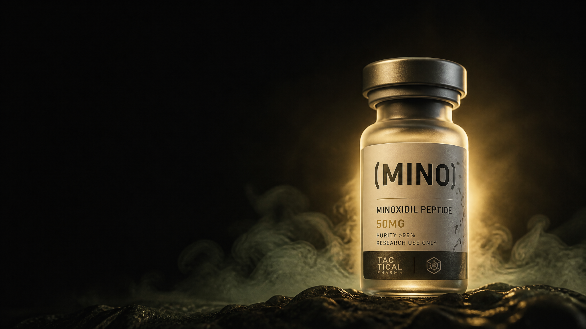 (MINO) branded peptide vial with warm gold glow on a dark field
