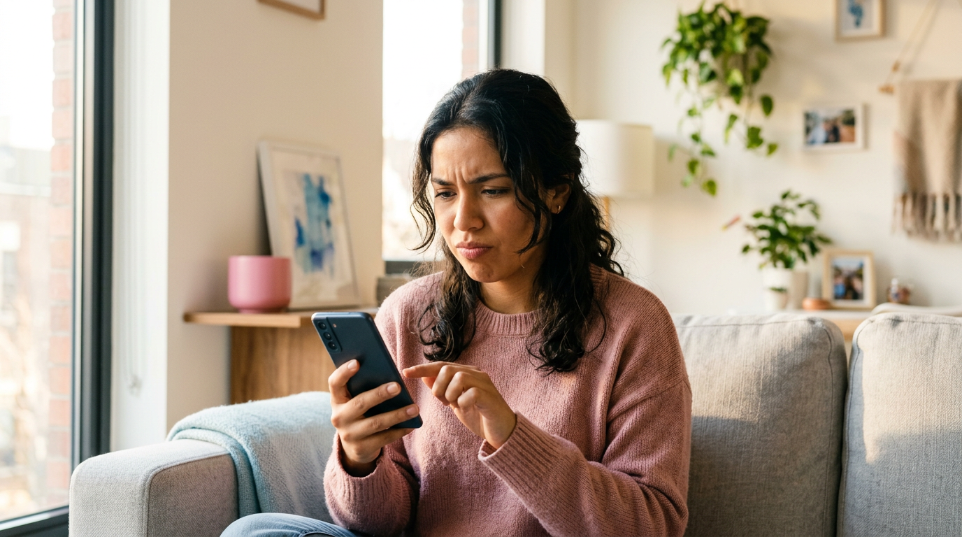 Persona mirando su celular Android lento con expresión de frustración en casa
