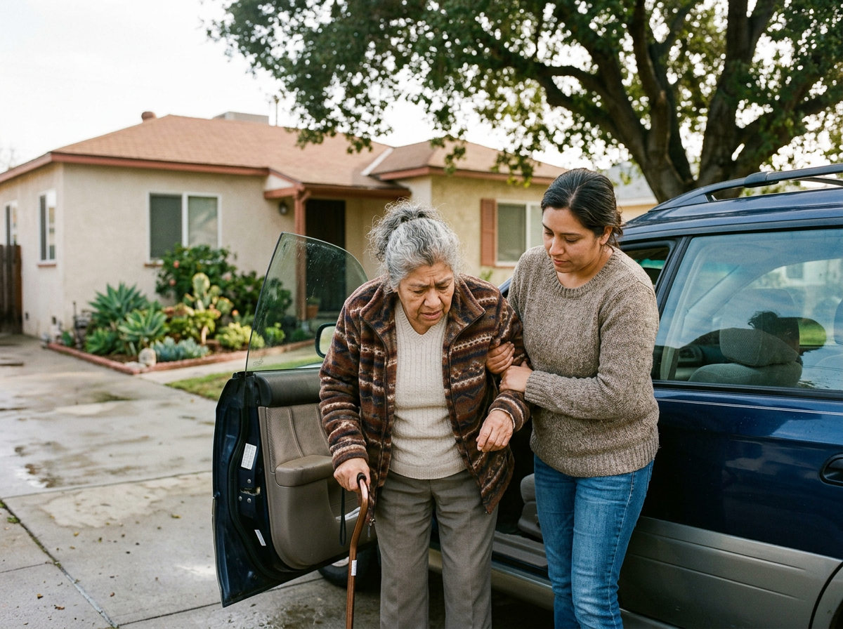 A veteran being helped carefully out of a car by a family member, showing the fragility and guarded movement after a vertebral fracture