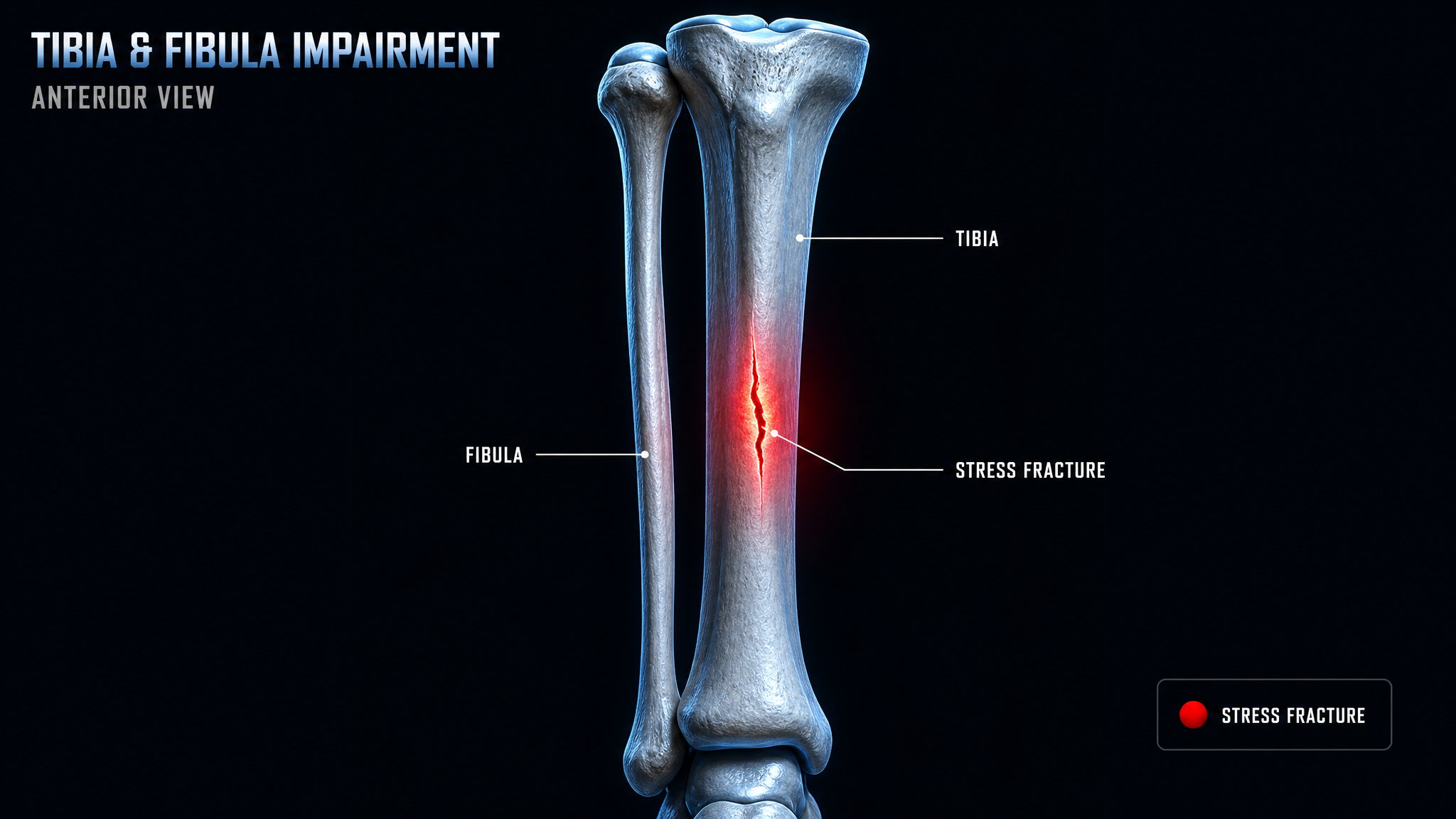 Lower leg diagram of the tibia and fibula showing a stress fracture of the shaft