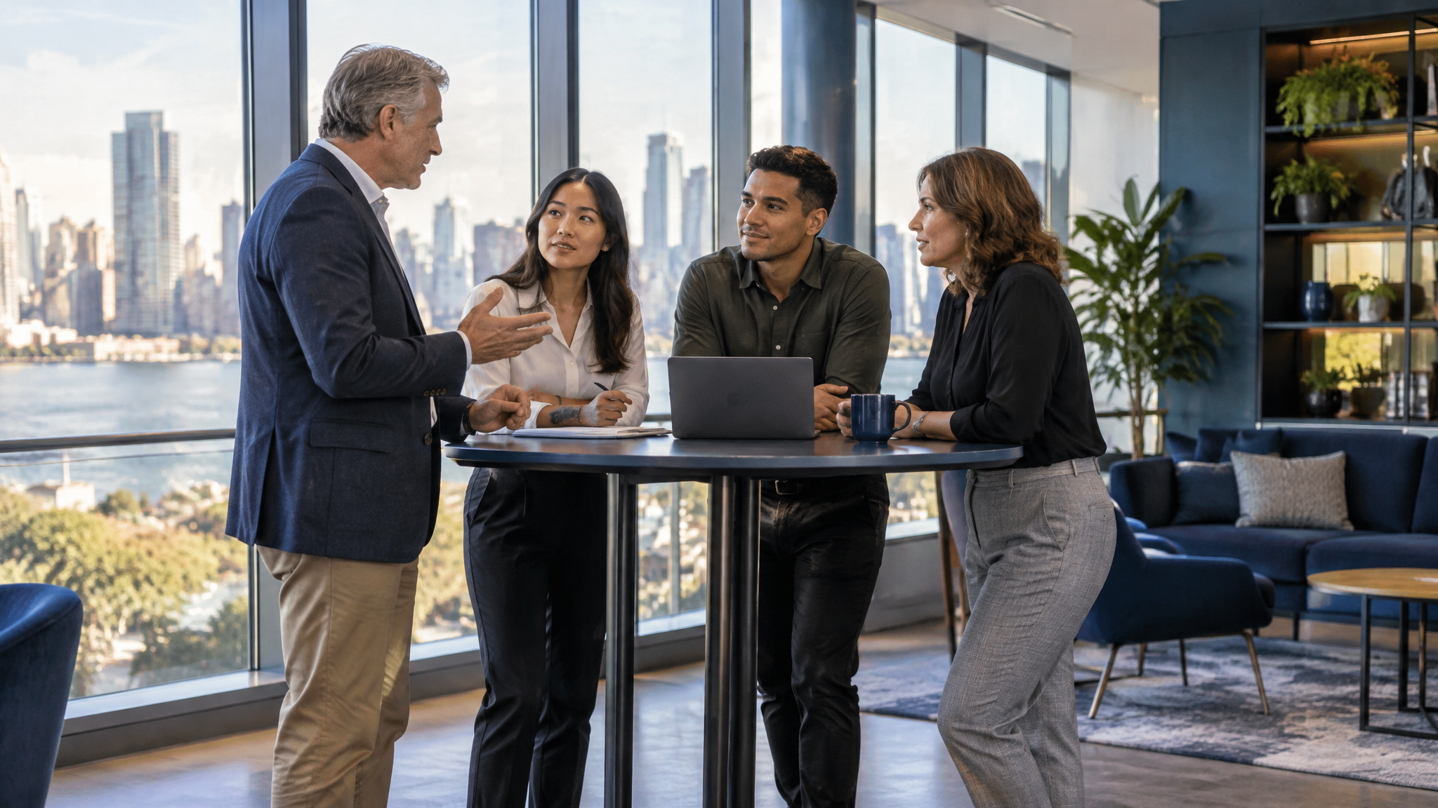 Reunião breve de pé em ambiente corporativo moderno com luz natural
