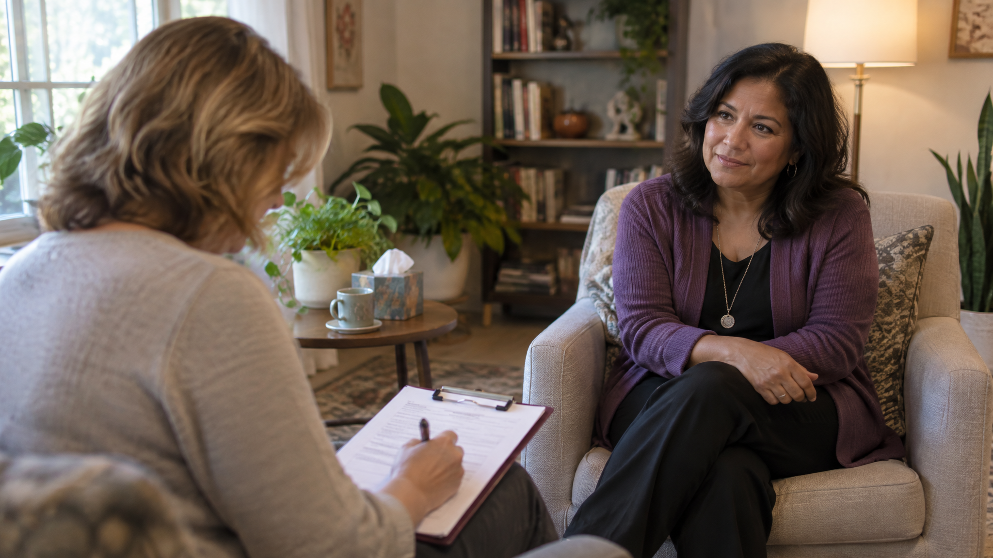 A woman veteran filling out a questionnaire on a clipboard while a woman therapist sits across from her