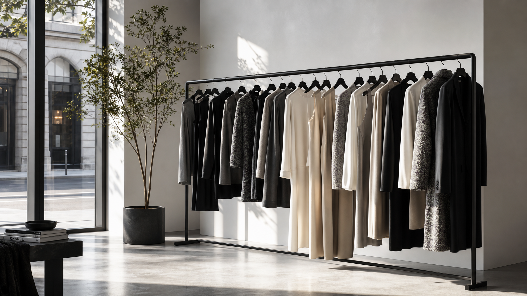 Interior elegante y minimalista de una boutique de lujo con prendas curadas