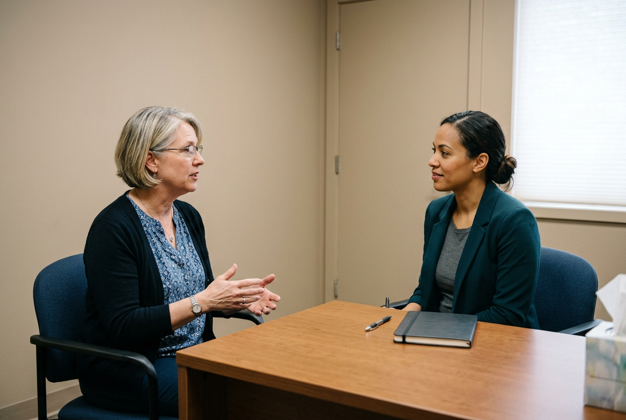 A white woman spouse speaking earnestly to a female clinician in a plain office setting