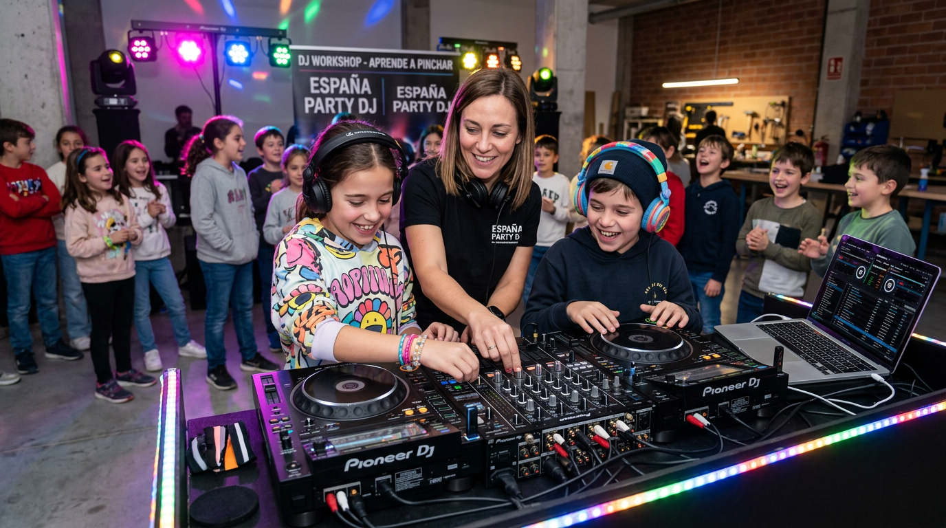Niños aprendiendo a pinchar música en la escuela de DJ