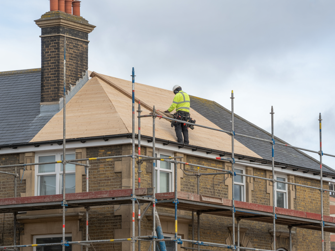 Professional roofers at work on scaffolding