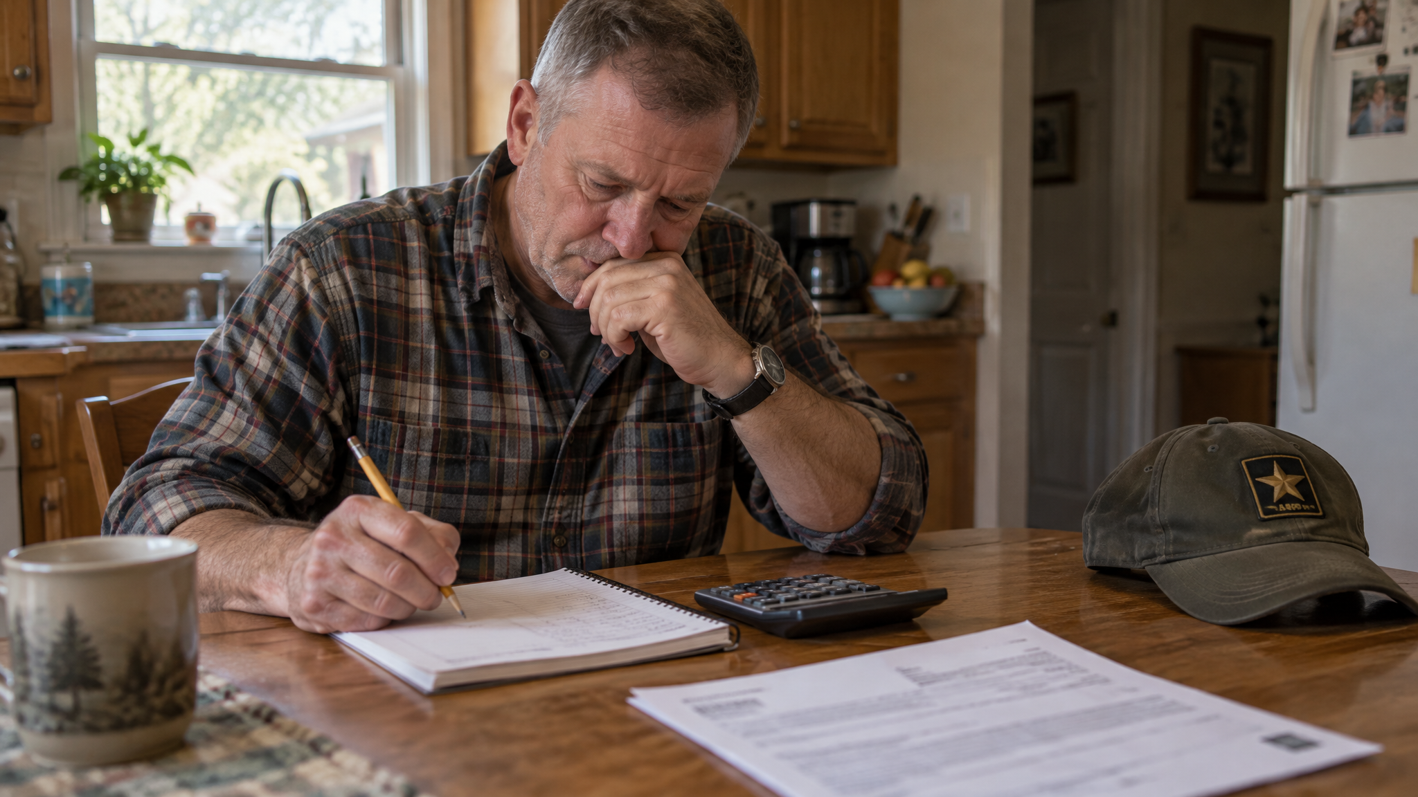 How the VA calculates combined ratings: a veteran working out his rating math with a calculator beside his rating decision