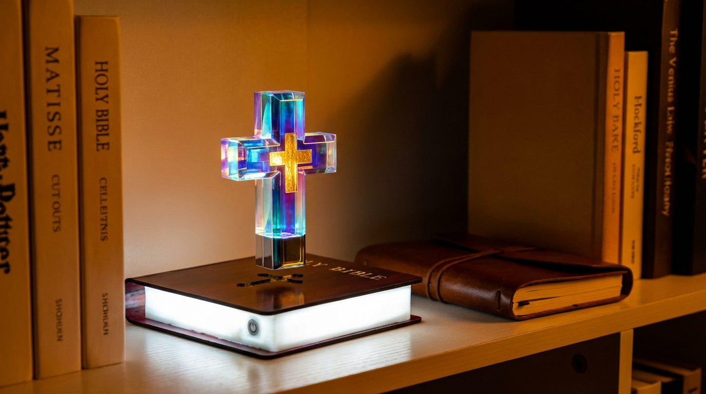 The same room transformed by the warm amber glow of the VERITŌ lamp