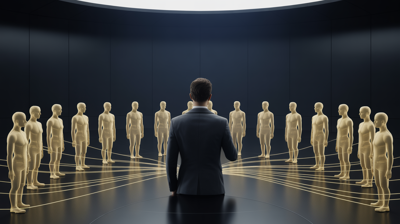 Cinematic editorial Visual eines Solo-Gründers als Silhouette im Zentrum einer dunklen Kommandozentrale, umgeben von zwanzig goldenen KI-Agenten-Knoten in halbkreisförmiger Formation – verbunden durch feine goldene Datenlinien wie ein Dirigent vor seinem digitalen Orchester