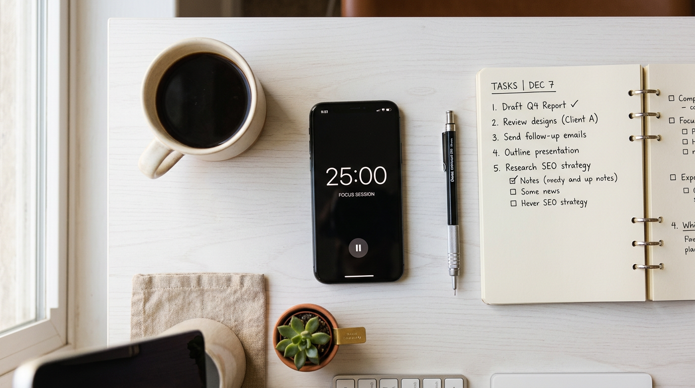 Workspace organizado com timer no celular e lista de tarefas