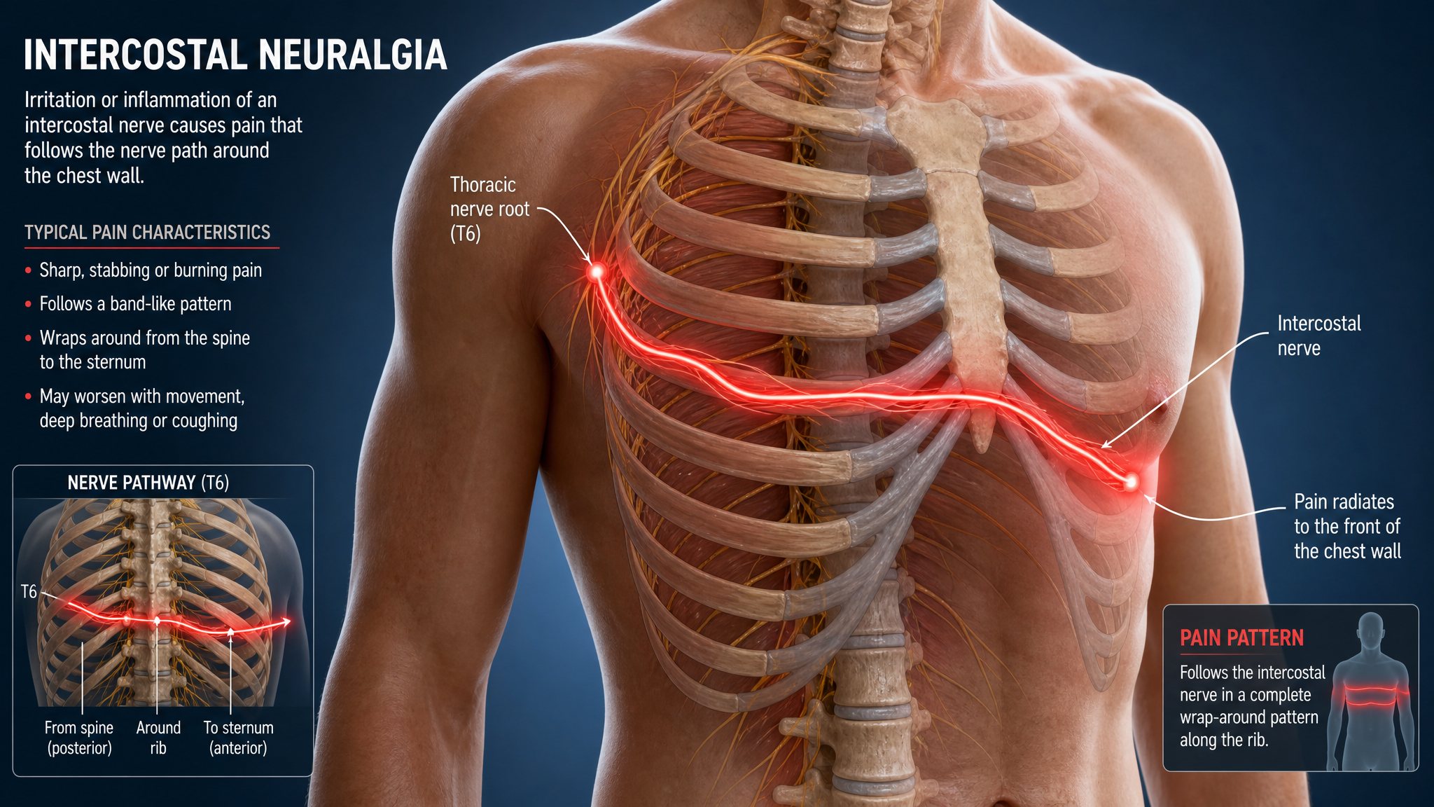 Clinical teaching illustration of a torso with a thoracic nerve root traced in red wrapping around the rib line from the spine to the front of the chest