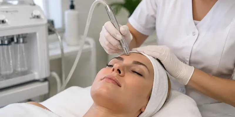 Peeling de diamante sendo aplicado no rosto de cliente em Sorocaba